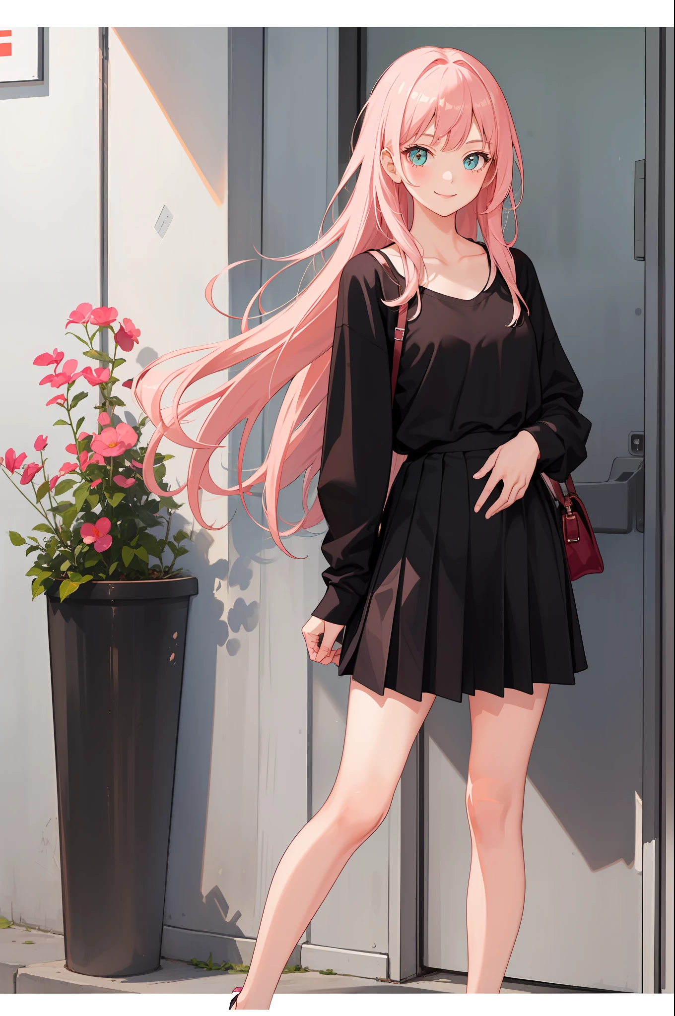1 girl, smile, shirt, skirt, (small) chilarism, light pink hair,