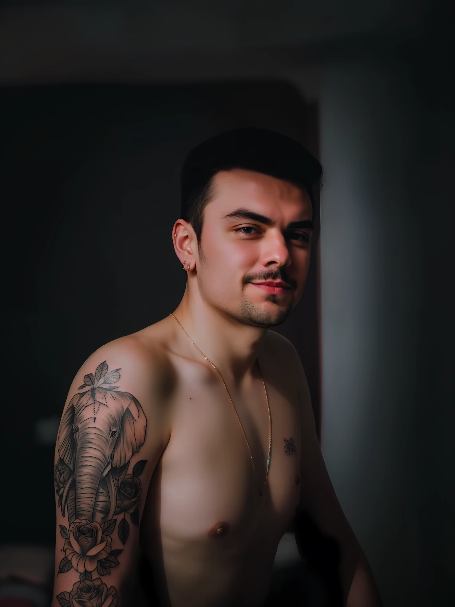 arafed man with a tattoo on his arm and chest, shot on canon eos r 5, shot on canon eos r5, portrait shot 8 k, shot with sony alpha, shot on sony a 7 iii, with tattoos, soft portrait shot 8 k, shot on nikon z9, photo taken with sony a7r camera, captured on canon eos r 6