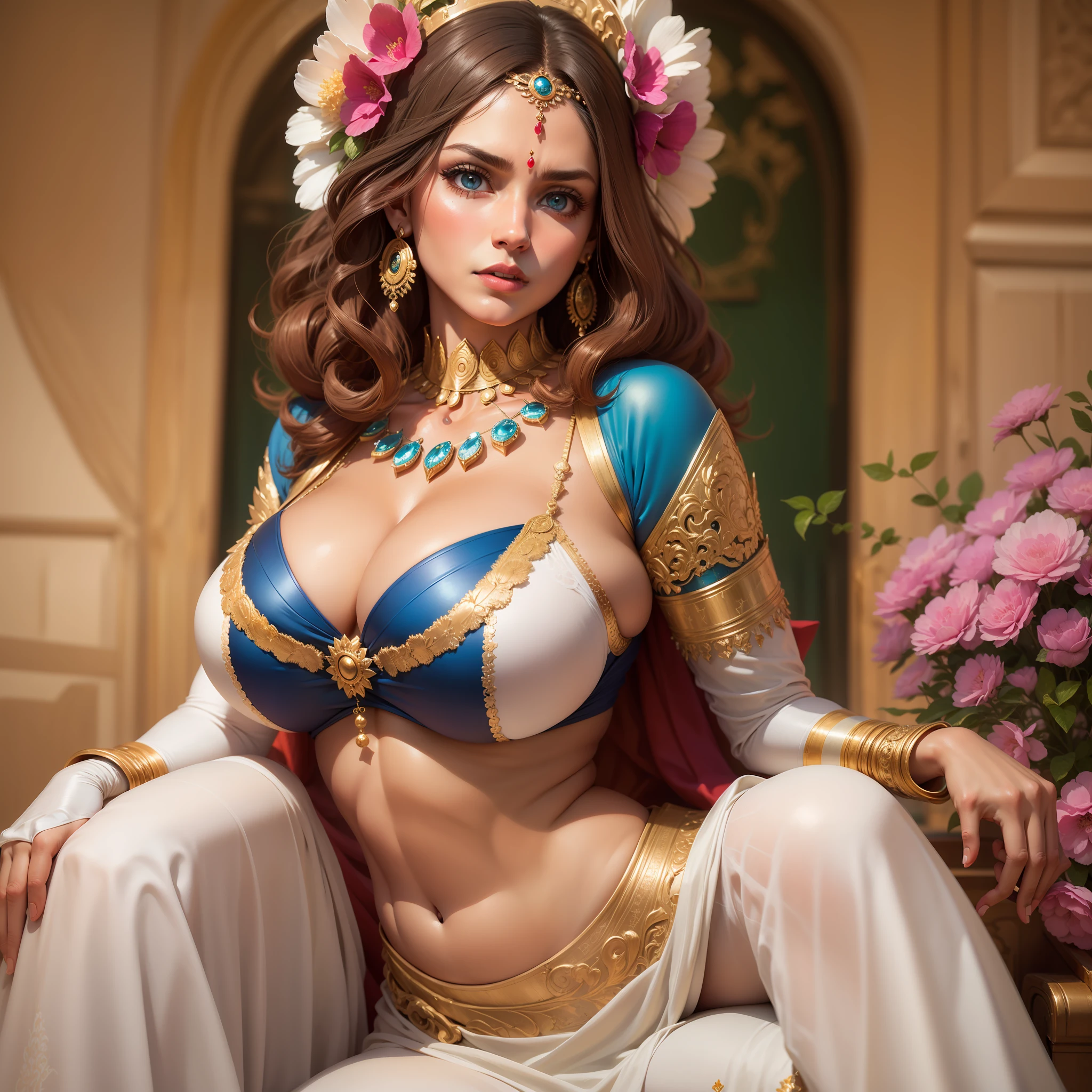 Indian goddess, serious and sexy face, has a face of supernatural beauty and short, curly blonde hair decorated with flowers, as well as blue eyes. (perfect anatomy) , (perfect eyes) Her figure is extremely voluptuous, gigantic breasts, heavy breasts, fitness hips, fabric covering breasts, cracked abdominal muscle, white thick silk dress, large abdomen muscle, she sits on her great indian marble throne, work of art.