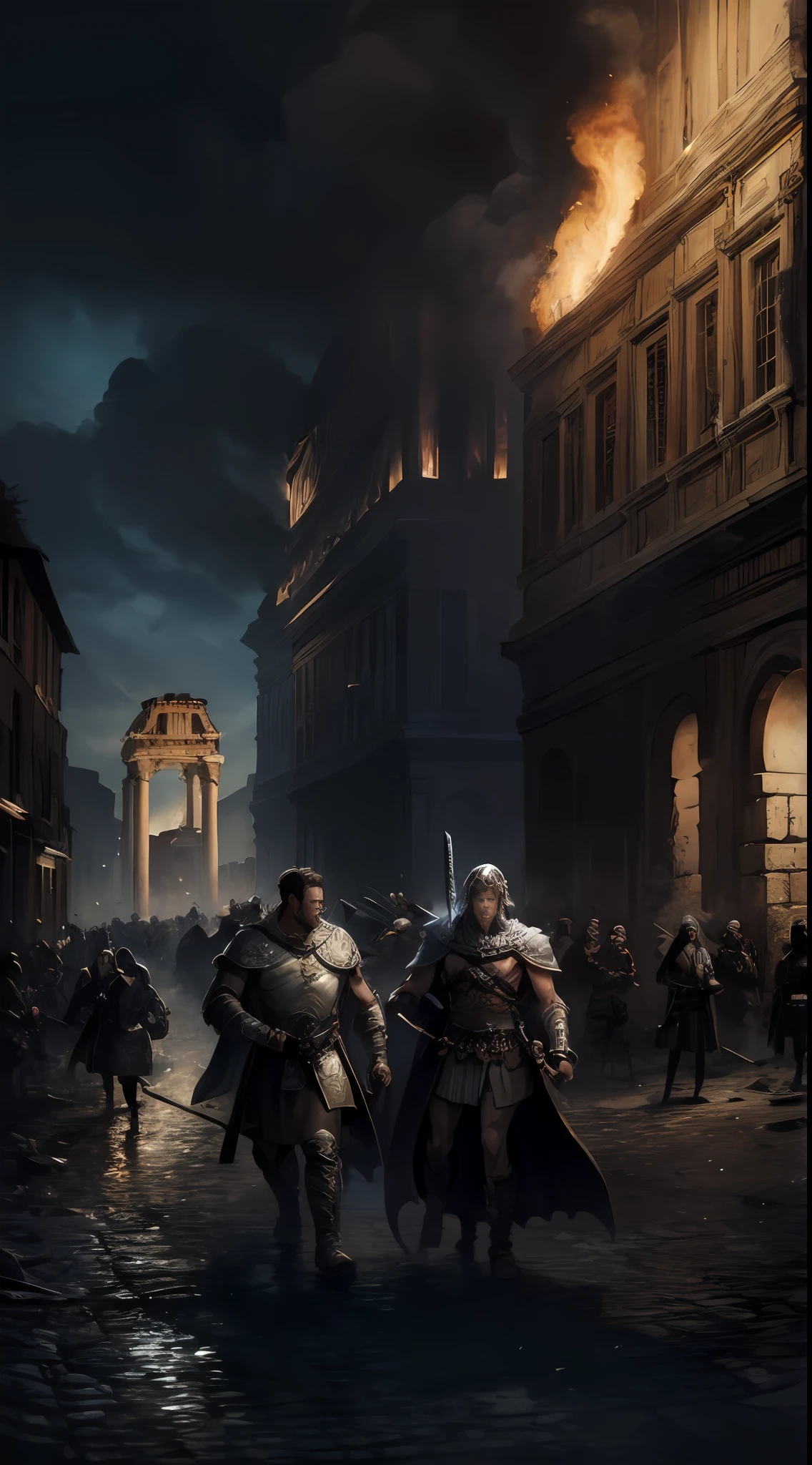 (masterpiece, UHD, illustration, detailed:1.3), King Alaric I, stoic and powerful, (intricately decorated armor:1.2), leading his Visigoth warriors, fierce and determined, (ancient city of Rome as backdrop:1.4), crumbling architecture, Roman ruins, smoke and destruction, chaos of battle, intense atmosphere, dark and ominous skies, warm colors contrasting with cool tones, detailed textures, diagonal shot, looking at viewer, mid-action.