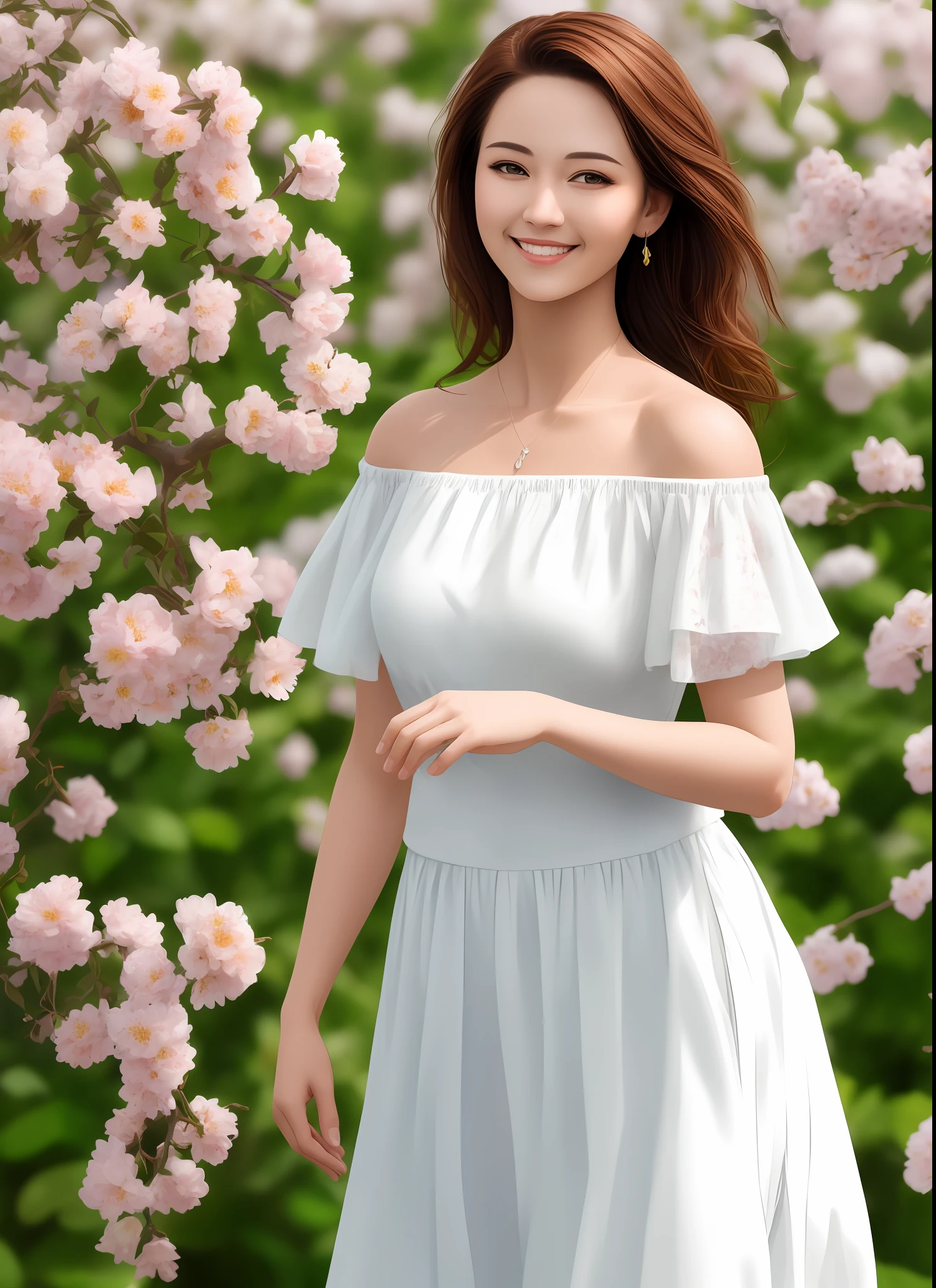 Best quality, masterpiece, ultra high res, (photorealistic:1.4), raw photo, 1girl, milf, white dress, off shoulder, blossom flower garden, glowing skin, light smile