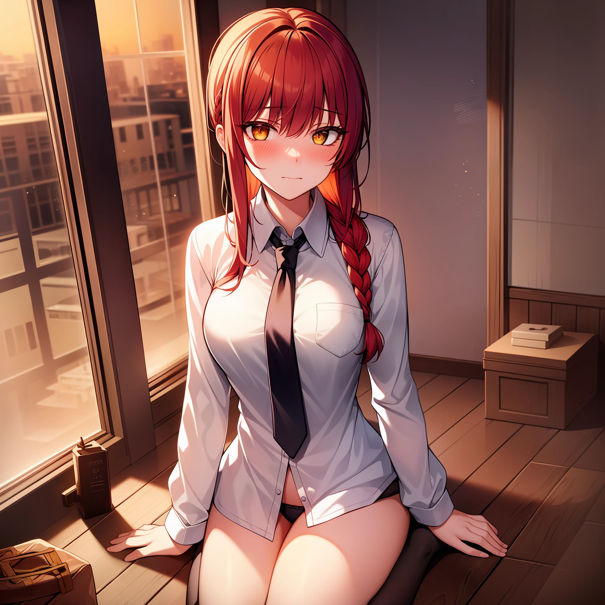 makima \(chainsaw man\), best quality, ultra detailed, 1girl, solo, red hair, long braided hair, golden eyes, bangs, medium breasts, (blushing:1.2), stare, sunset, warm lighting, white shirt, no pants, neck tie, large window, thigh high socks, (wariza:1.2),, panties