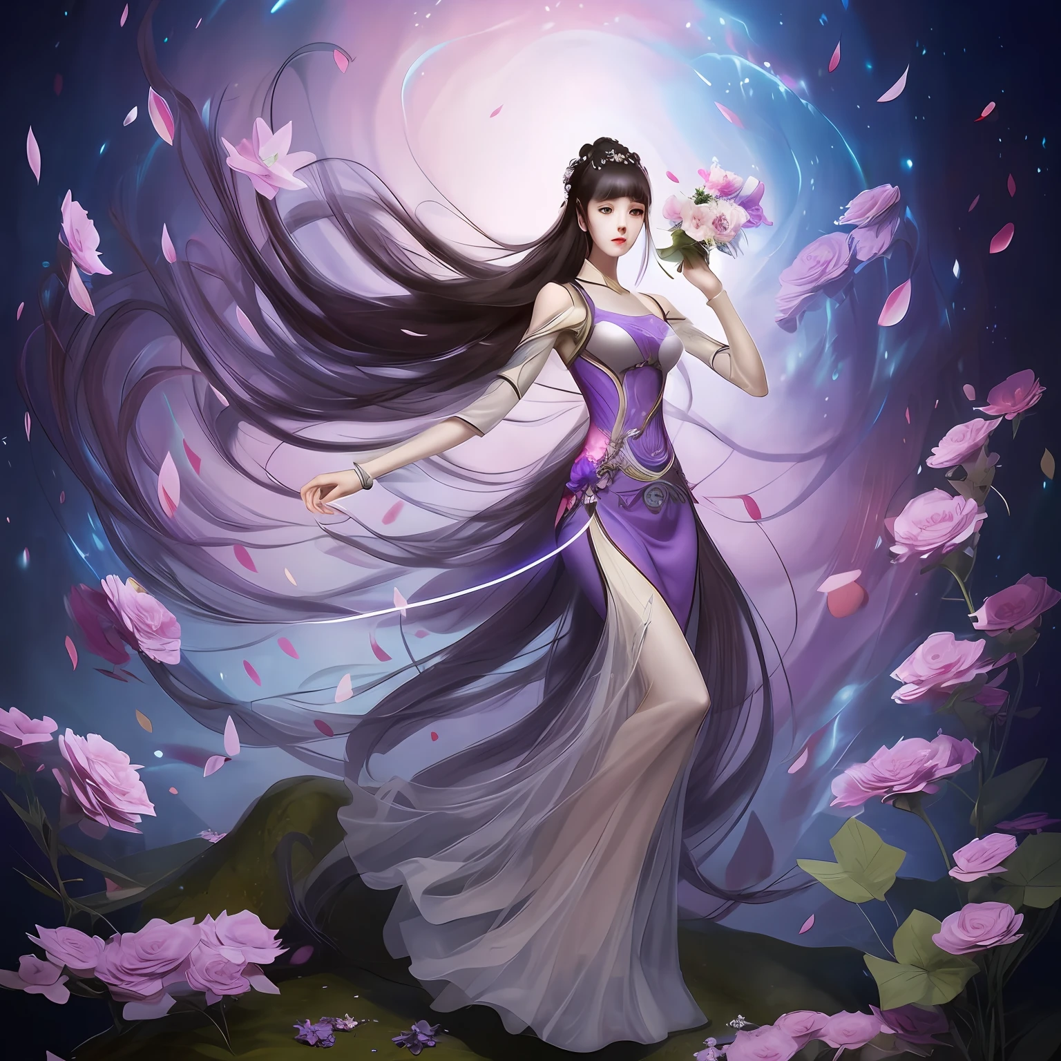 a woman in a purple dress holding a flower in her hand, yun ling, inspired by Li Mei-shu, beautiful character painting, jingna zhang, beautiful digital artwork, full body xianxia, 2. 5 d cgi anime fantasy artwork, inspired by Leng Mei, by Qu Leilei, smooth anime cg art, beautiful young wind spirit, yang qi --auto