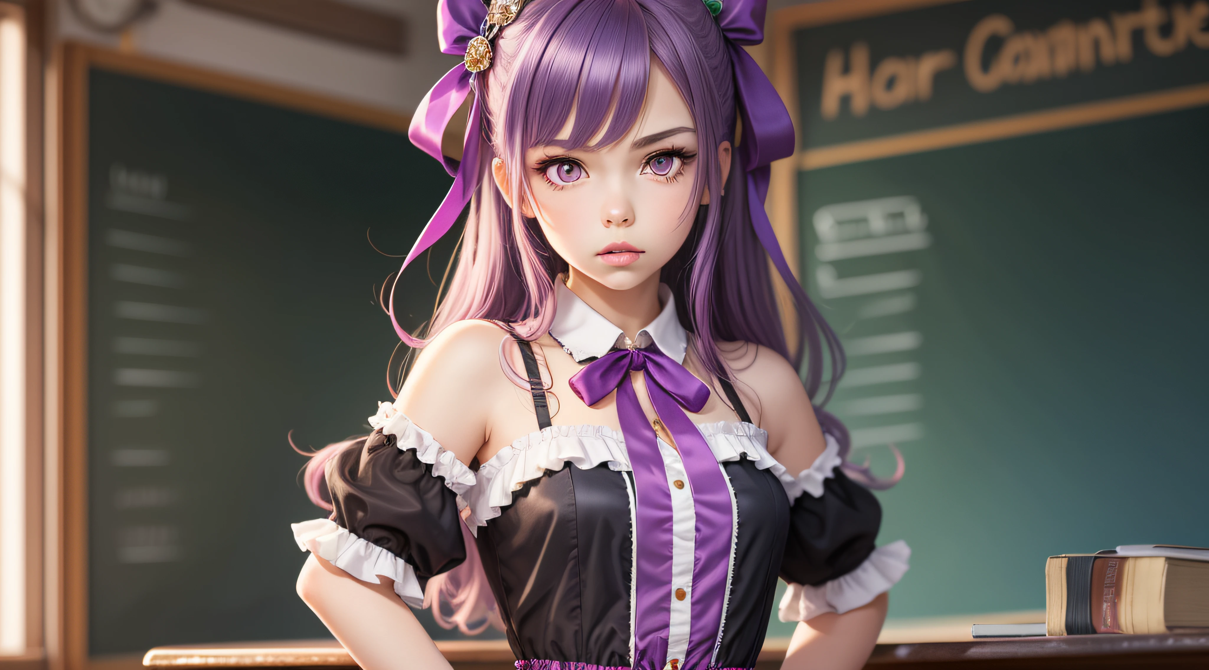 1 girl, solo, pink eyes, purple hair, long hair, two side up, hair ribbon, hair ornament, dark princess dress, neck ribbon, standing, hands on hips, pouty lips, classroom, masterpiece, best quality, anime, highly detailed, cowboy shot