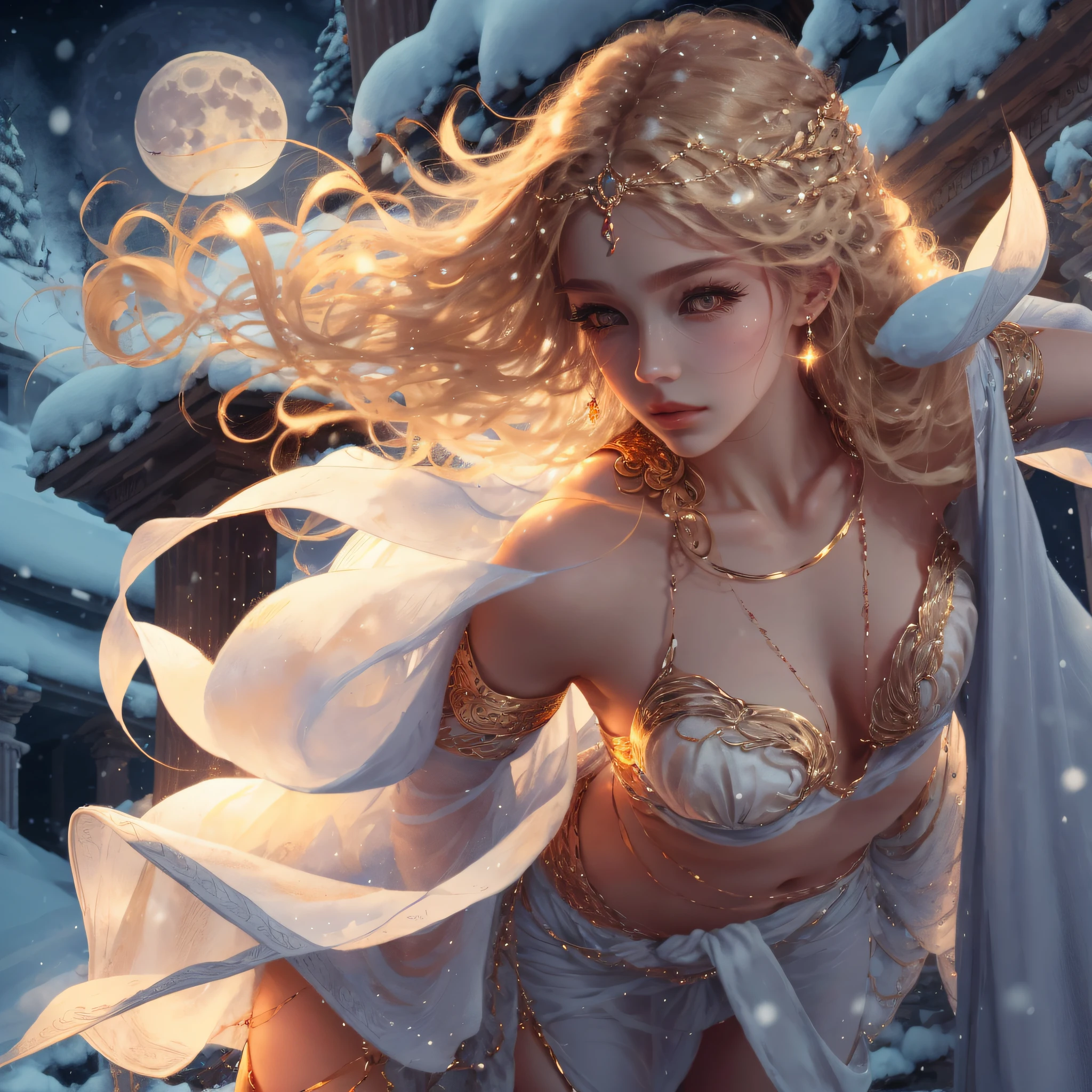 Long blonde hair, sexy beauty, golden pupils, long eyelashes, delicate facial features, delicate face shape, white Greek goddess clothes, flowing skirts, messy flying hair, silk clothes glowing with moonlight, snow, ruins, ruins, ruins, big moon, ultra-high-definition picture quality, 4K picture quality --auto