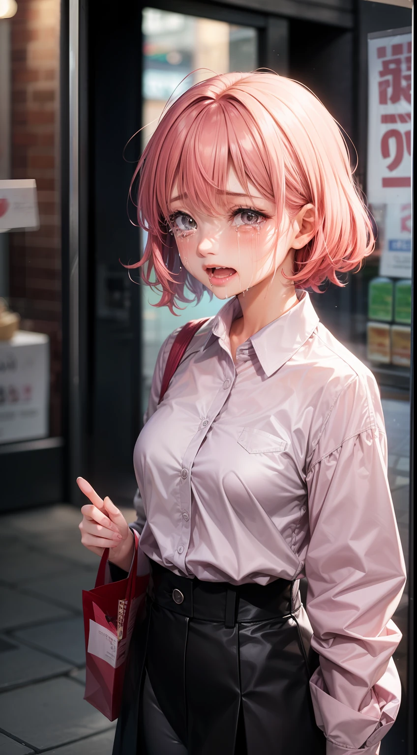 1 girl, 22 years old, short pink hair, (crying: 1.5), Japanese anime style, (evening: 1.5), (standing in front of the store: 1.5), collared long-sleeved shirt, close-up of face, close-up, pink long-sleeved collared shirt