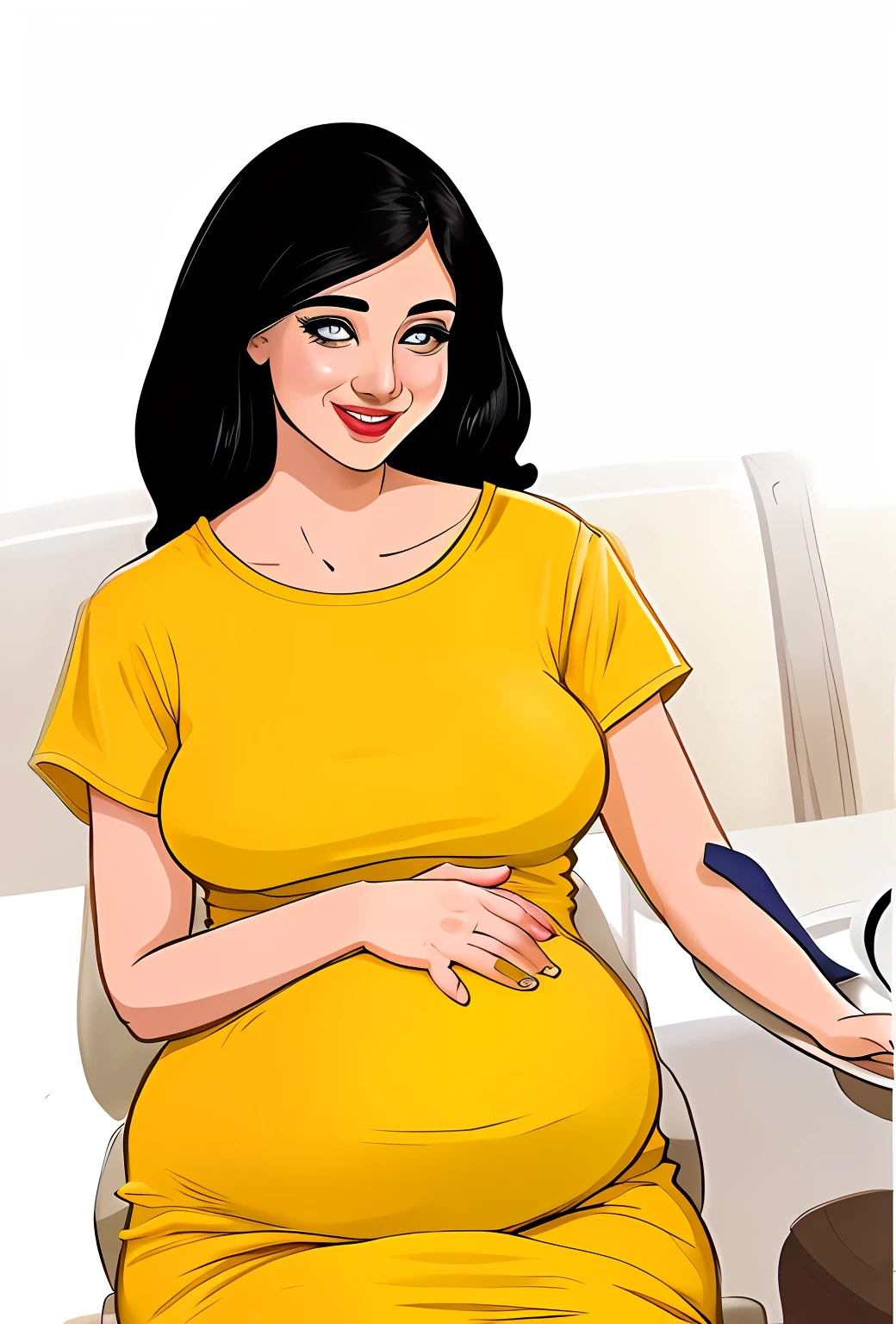 pregnant woman sitting at a table with a plate of food, pregnant belly, pregnant, lady using yellow dress, with yellow cloths, clipart, pregnancy, yellow clothes, cartoon style illustration, digitally colored, wearing a yellow dress, beautiful yellow woman, illustration!, wearing a modern yellow tshirt, prompt young woman, maternity feeling, in cartoon style, rotoscoped