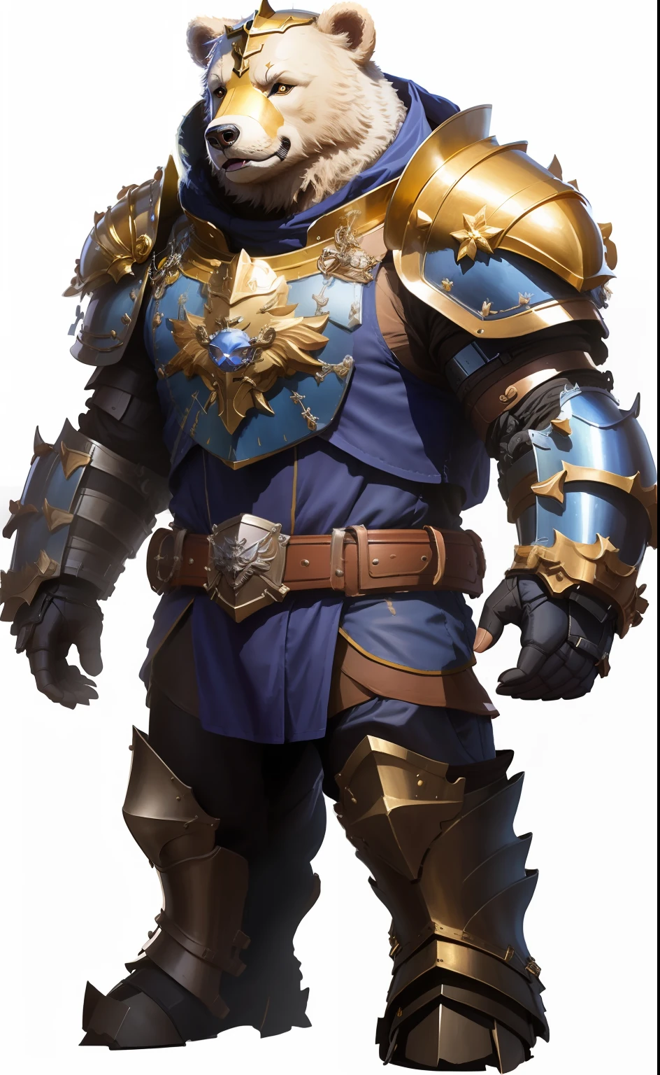 a close up of a cartoon bear in armor with a belt, blue armor, thick armor, bulky armor, epic paladin armor, render of heavy fantasy armor, in thick full bronze armour, bronze armor, paladin armor, battle chasers, heavy fantasy armor, heavy golden armour, hero character art, fractal armor, style of duelyst, water armor