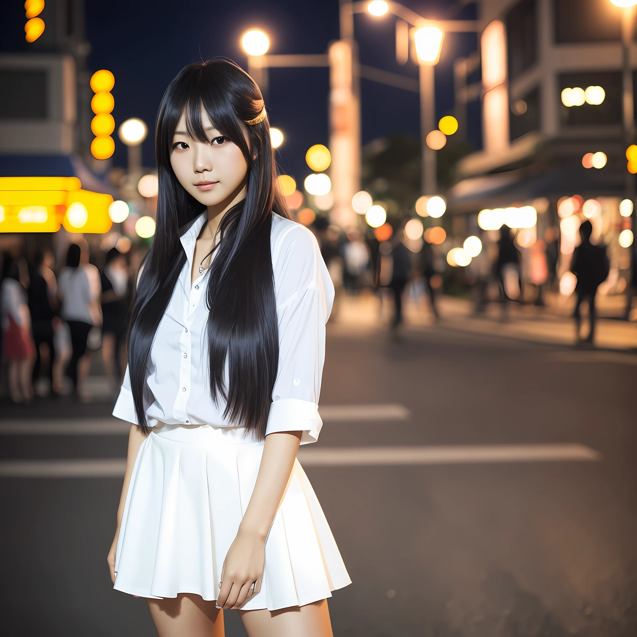 Best quality, a Japanese female idol wearing a short skirt, big, white skin, long yellow hair, on the street at night, looking at the audience, light makeup (realistic photo: 3), real photo, with professional color adjustment, shot in 2.4K with F2.4 aperture and 8mm lens, realistic facial expression, close-up, full body shot. --auto