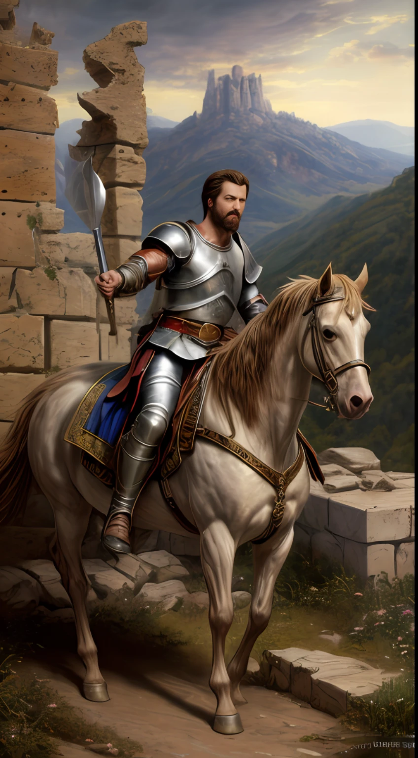 (best quality, ultra high res, CGI, official art:1.2), King Alaric I, towering and resolute, (ornate armor of Visigothic craftsmanship:1.2), gripping a formidable battle-axe, leading his Visigoth soldiers, battle-scarred and determined, fierce melee on a 5th-century battlefield, war-torn landscape, remnants of fallen civilizations, stormy sky, realistic art in the style of Gaston Bussiere and Alphonse Mucha, intricate details, intense lighting, vibrant colors, dynamic composition, looking at viewer, mid-action.