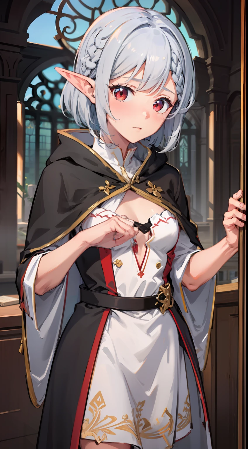 ((Put your hands on your chest)), (surprised)), (Red face), 1 girl closeup, Elf, Silver hair, Red eyes, Braid hair, Bob cut, Wizard, Robe, Ruffles, Tights, Cloak, Library, Mirror, TS, Concept art, Beautiful anime scene, Beautiful anime scene, Best quality, Masterpiece, 4K