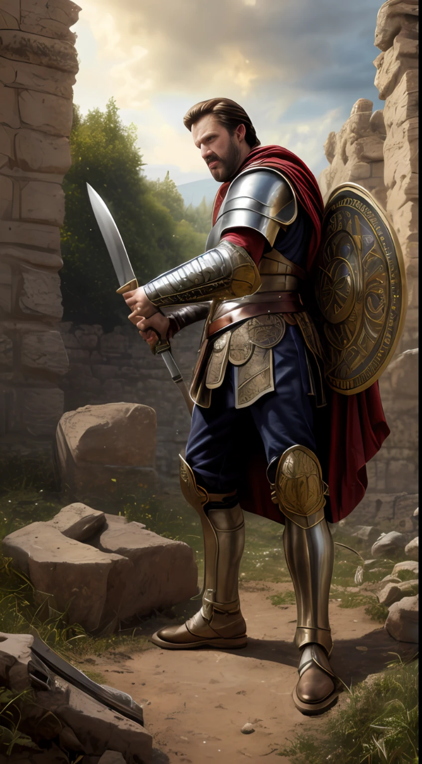 (best quality, ultra high res, CGI, official art:1.2), King Alaric I, towering and resolute, (ornate armor of Visigothic craftsmanship:1.2), gripping a formidable battle-axe, leading his Visigoth soldiers, battle-scarred and determined, fierce melee on a 5th-century battlefield, war-torn landscape, remnants of fallen civilizations, stormy sky, realistic art in the style of Gaston Bussiere and Alphonse Mucha, intricate details, intense lighting, vibrant colors, dynamic composition, looking at viewer, mid-action.