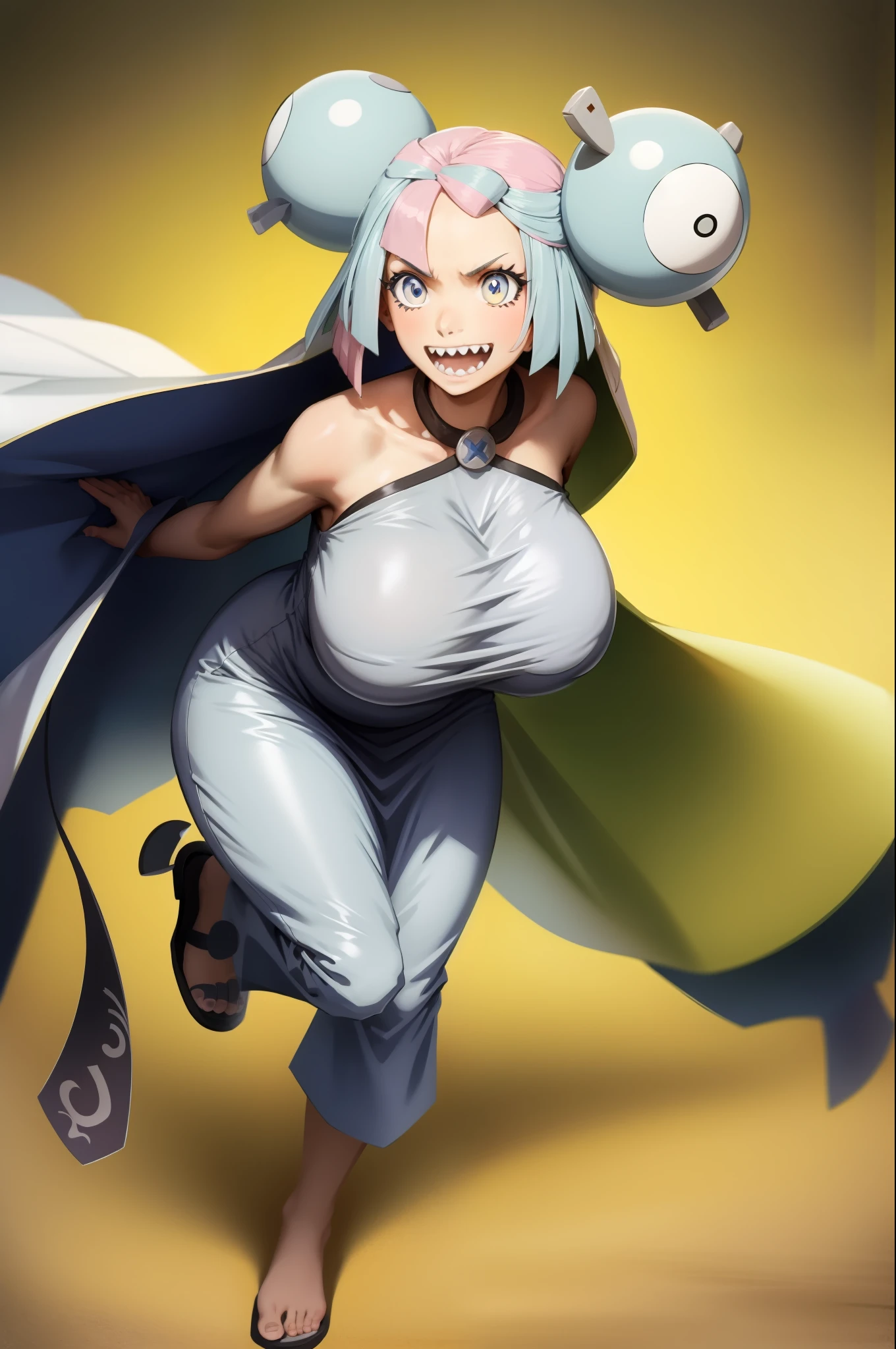 IONO, CURVY, huge breast, veil, priestess, loong robe, long skirt, sharpteeth,open mouth, smile, full body , portrait, pants