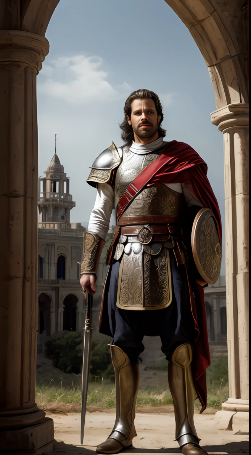 (masterpiece, UHD, detailed, realistic art:1.3), King Alaric I, imposing and regal, (ornamented armor reflecting Visigoth heritage:1.2), holding a scepter, standing with his Visigoth soldiers on a battlefield of the 5th century, remnants of defeated enemies in the backdrop, ruined architecture, realistic style reminiscent of Gaston Bussiere and Alphonse Mucha, dramatic lighting, intense atmosphere, meticulous attention to detail, warm colors, confident expression, looking out with determination and a sense of victory.