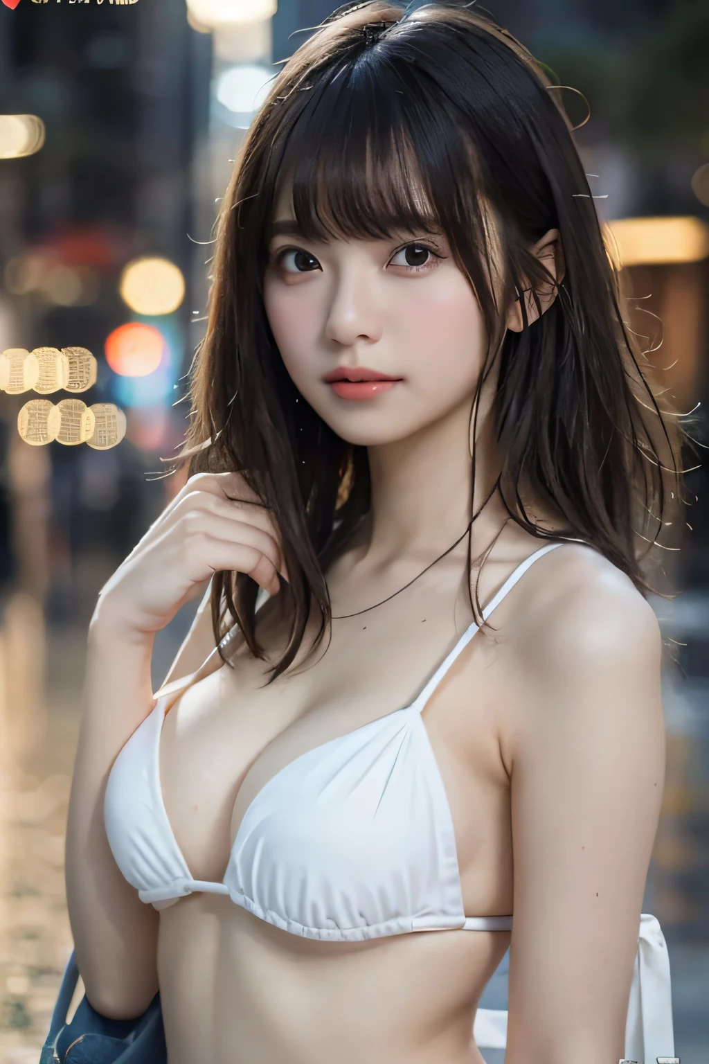 Random Pose, mix4, (8K, RAW photo, best quality, masterpiece: 1.45), (realistic, photorealistic: 1.37), one girl, cute, cityscape, night, rain, wet, professional lighting, photon mapping, radiosity, white bikini, physically based rendering, gradient black hair, gray hair, short curly, handsome, girl, top quality photo, High Resolution, 1080p, (Clear Face), (Detailed Face Description), (Detailed Hand Description), (Masterpiece), (Exquisite CG), Extreme Light and Shadow, Tousled Hair, Masterpiece, Rich Details, (Fine Features), (Best Quality Photo), (Masterpiece), (Fine Eyes), Looking In Front of You, Fine Clavicle, ((Big)),