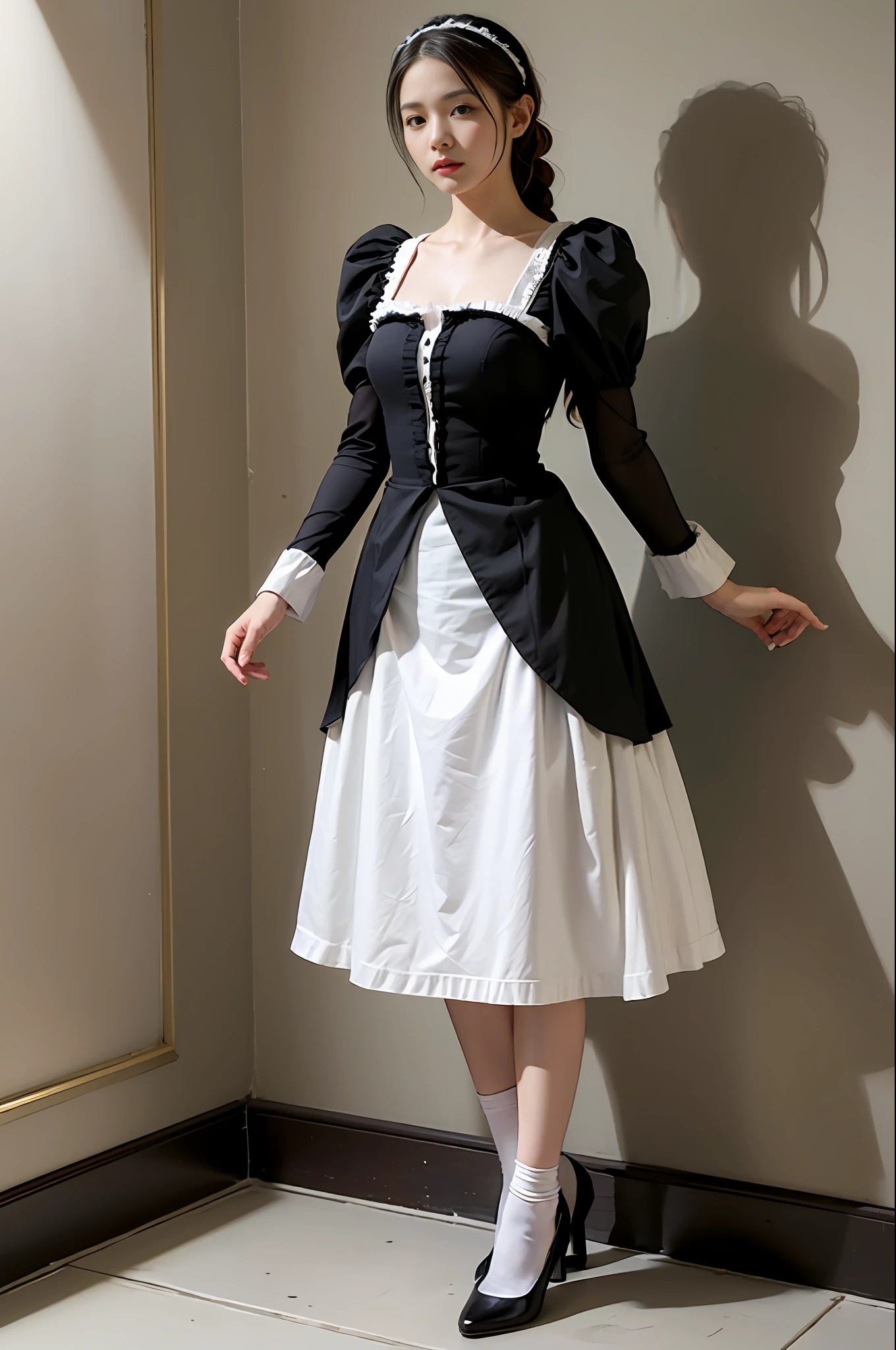 Top quality, masterpiece, ultra-high resolution, (photorealistic: 1.4), raw photo, 1 girl, English maid, ruffled maid headband, ponytail, braided hair, ruffled blouse, black apron dress, long skirt, puffed sleeves, white silk socks, black strap shoes, radiant skin, polite standing figure with straight legs, Victorian style, Deep green-gray wallpaper hallway