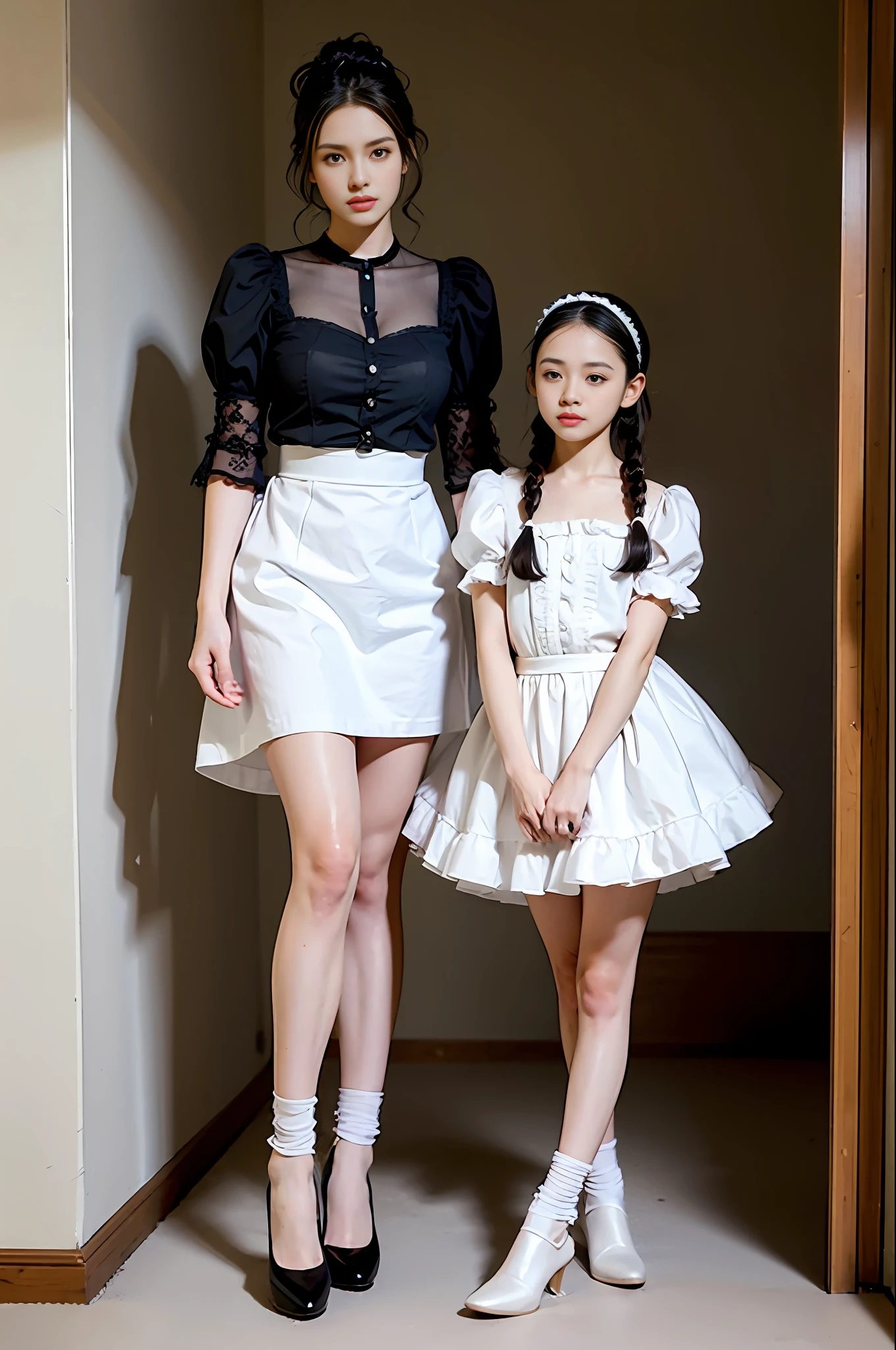 Top quality, masterpiece, ultra-high resolution, (photorealistic: 1.4), raw photo, 1 girl, English maid, ruffled maid headband, ponytail, braided hair, ruffled blouse, black apron dress, long skirt, puffed sleeves, white silk socks, black strap shoes, radiant skin, polite standing figure with straight legs, Victorian style, Deep green-gray wallpaper hallway