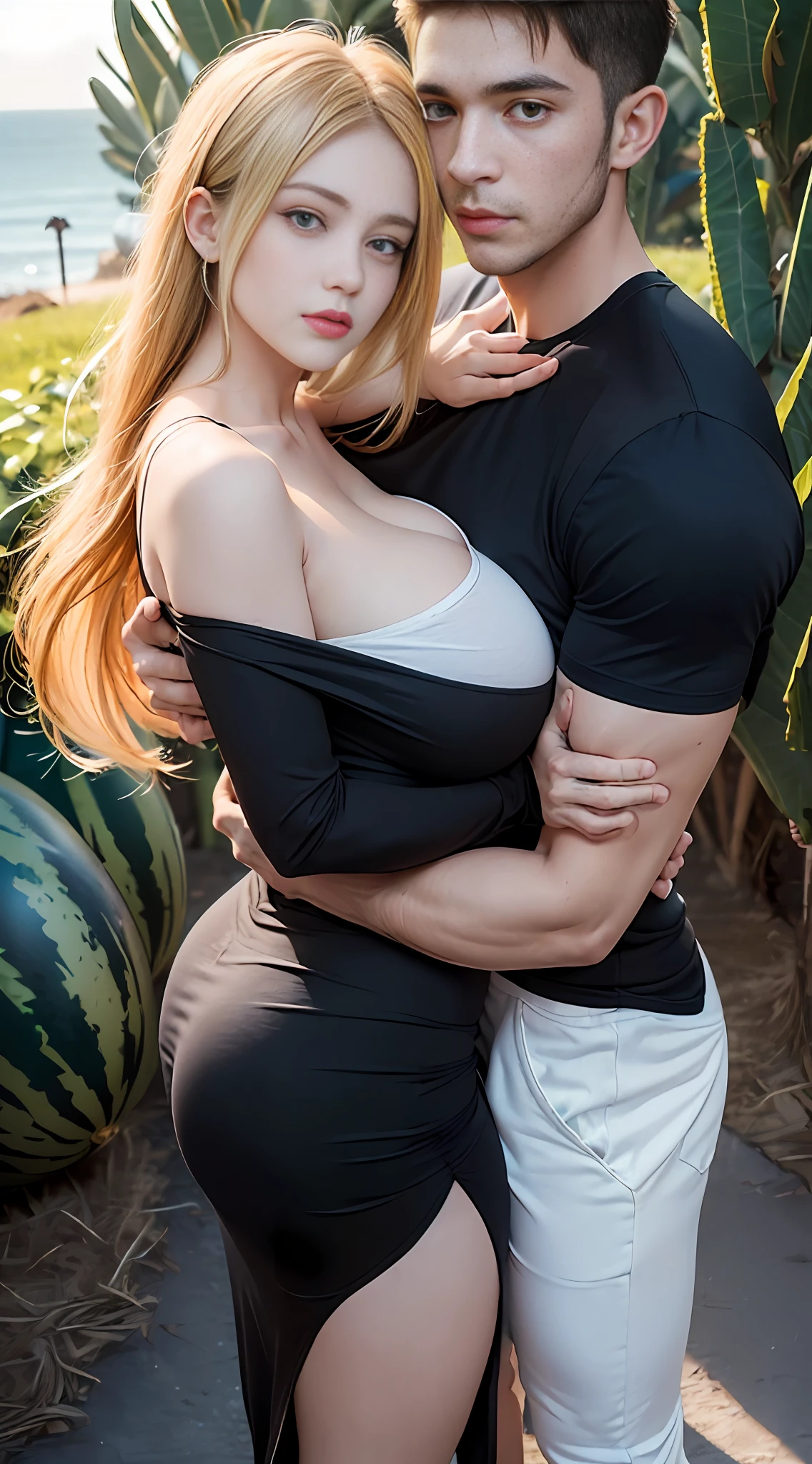 A beautiful blonde girl in front, (maiden holding the man in her arms), (man holding the maiden by the shoulder, maiden head resting on the man's shoulder), super swollen breasts larger than a watermelon room than a huge yoga ball, (especially teenage breasts), (teenage breasts), full-body shots, sun dress, (highlighting swollen breasts are particularly huge),