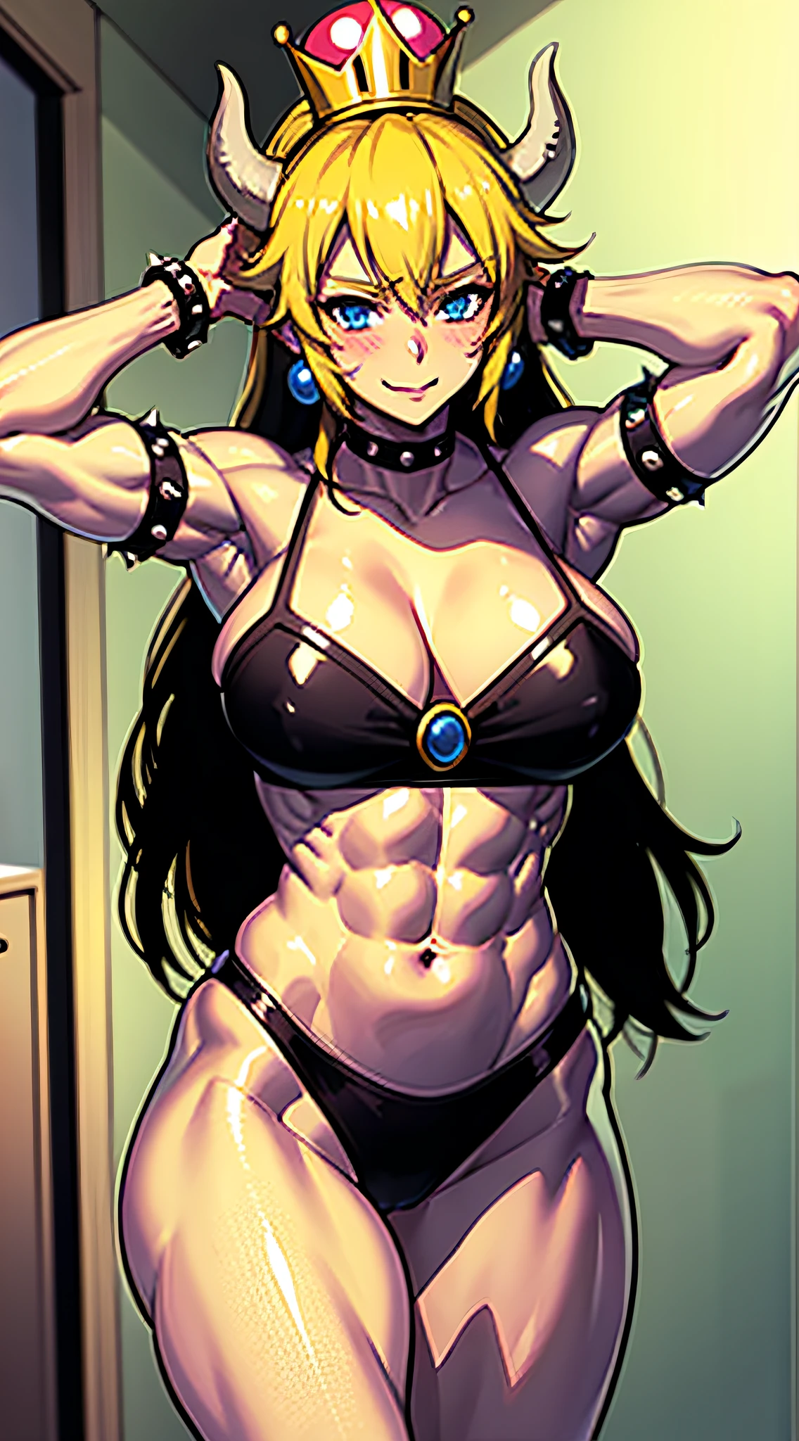 1 girl, anime girl, best quality, bodybuilding, muscle, big, wallpaper, hotel, blush, seductive,