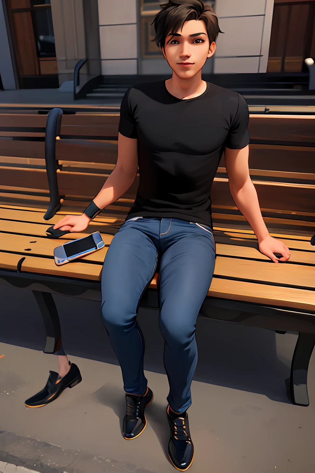3D cartoon character, (((Sitting on a bench))), holding a small mobile phone, on a city street, black boy, (detailed facial features), black shirt, jeans and black shoes, (((baby) )), movie art, clean shot, ghailan!, like a pixar character, handsome young ...