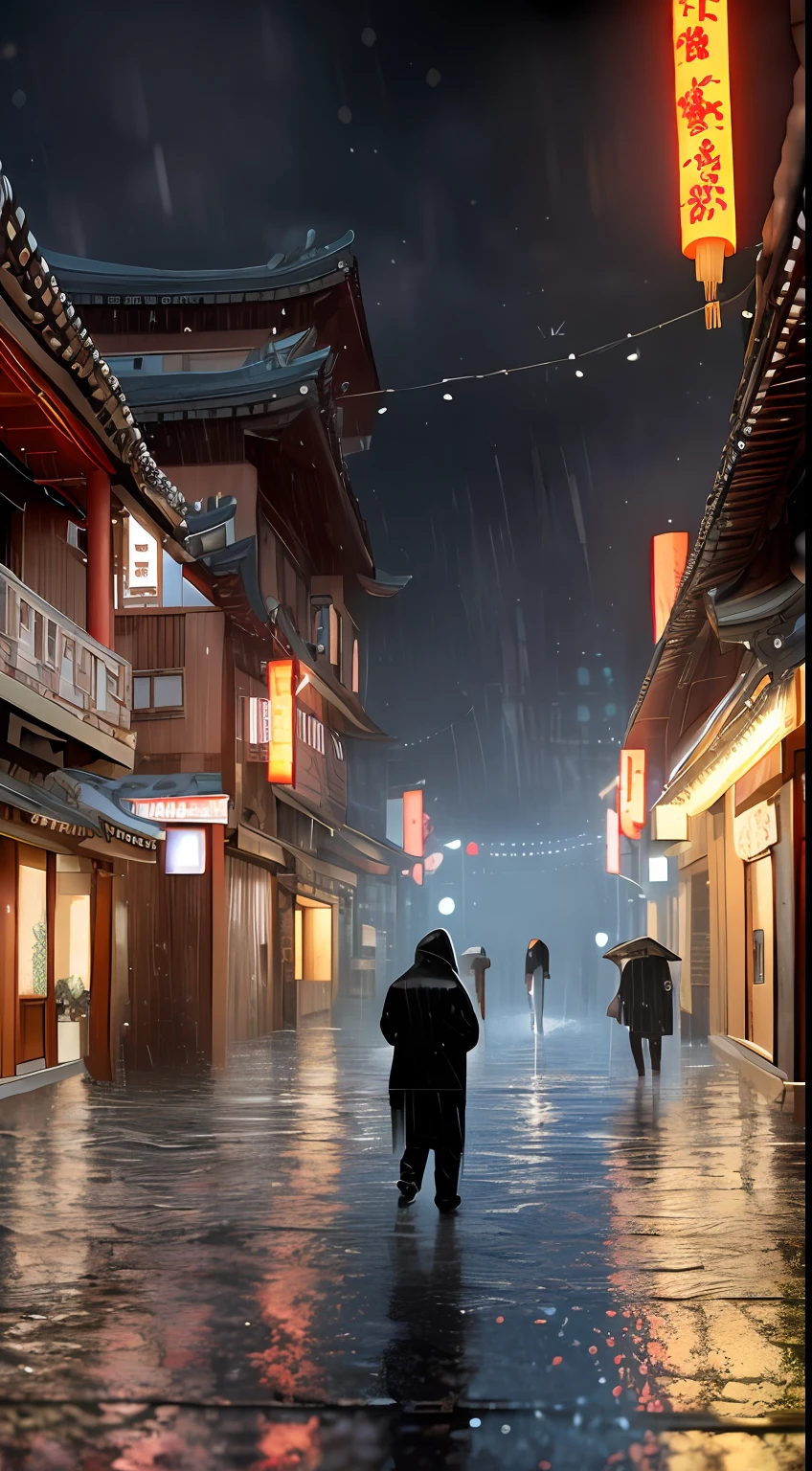 arafed view of a village with a lot of lights on the buildings, dreamy chinese town, chinese village, amazing wallpaper, japanese town, japanese village, hyper realistic photo of a town, old asian village, japanese city, by Raymond Han, rainy evening, cyberpunk chinese ancient castle, beautifully lit buildings, at evening during rain, beautiful and aesthetic, photography, cinematic, 8k, high detailed ((Heavy rain)))