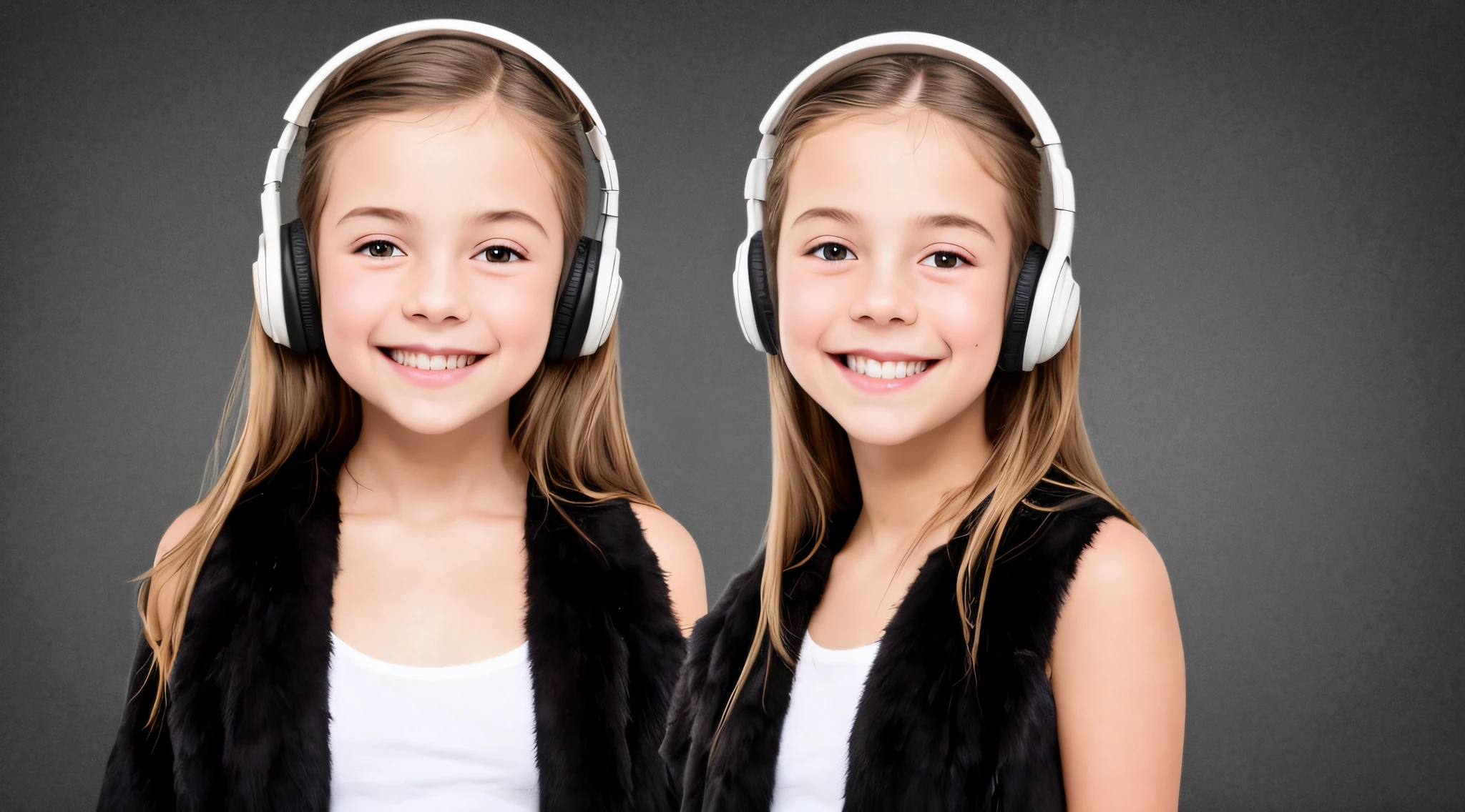 GIRL CHILD 8 YEARS OLD, RUSSIAN STYLE BLONDE HEADPHONES, BLACK FUR COAT, MESSY SHOULDER LENGTH BLONDE HAIR, RED BACKGROUND, BROWN EYES, HAPPY, CLEAN DETAILED FACES, INTRACATE CLOTHES, ANALOGOUS COLORS, BRIGHT SHADOWS, BEAUTIFUL GRADIENT, DEPTH OF FIELD, CLEAN IMAGE, HIGH QUALITY, HIGH DETAIL, HIGH DEFINITION, LUMINOUS STUDIO GRAPHICS ENGINE, BEAUTIFUL FACE