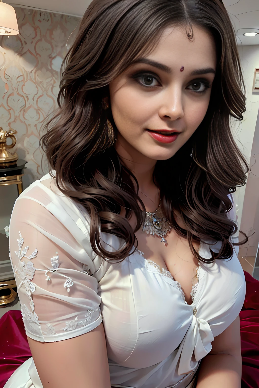 (realistic), (high resolution), (8K), (extremely detailed), (best illustration), (beautiful detailed eyes), (best quality), (ultra-detailed), (masterpiece), ( wallpaper), (detailed face), solo, 1 girl, white wavy hair, Indian, heterochromatic eyes, small moles under the eyes, loose pink shirt, Saree, , long legs, tight abs, camel toes,pose