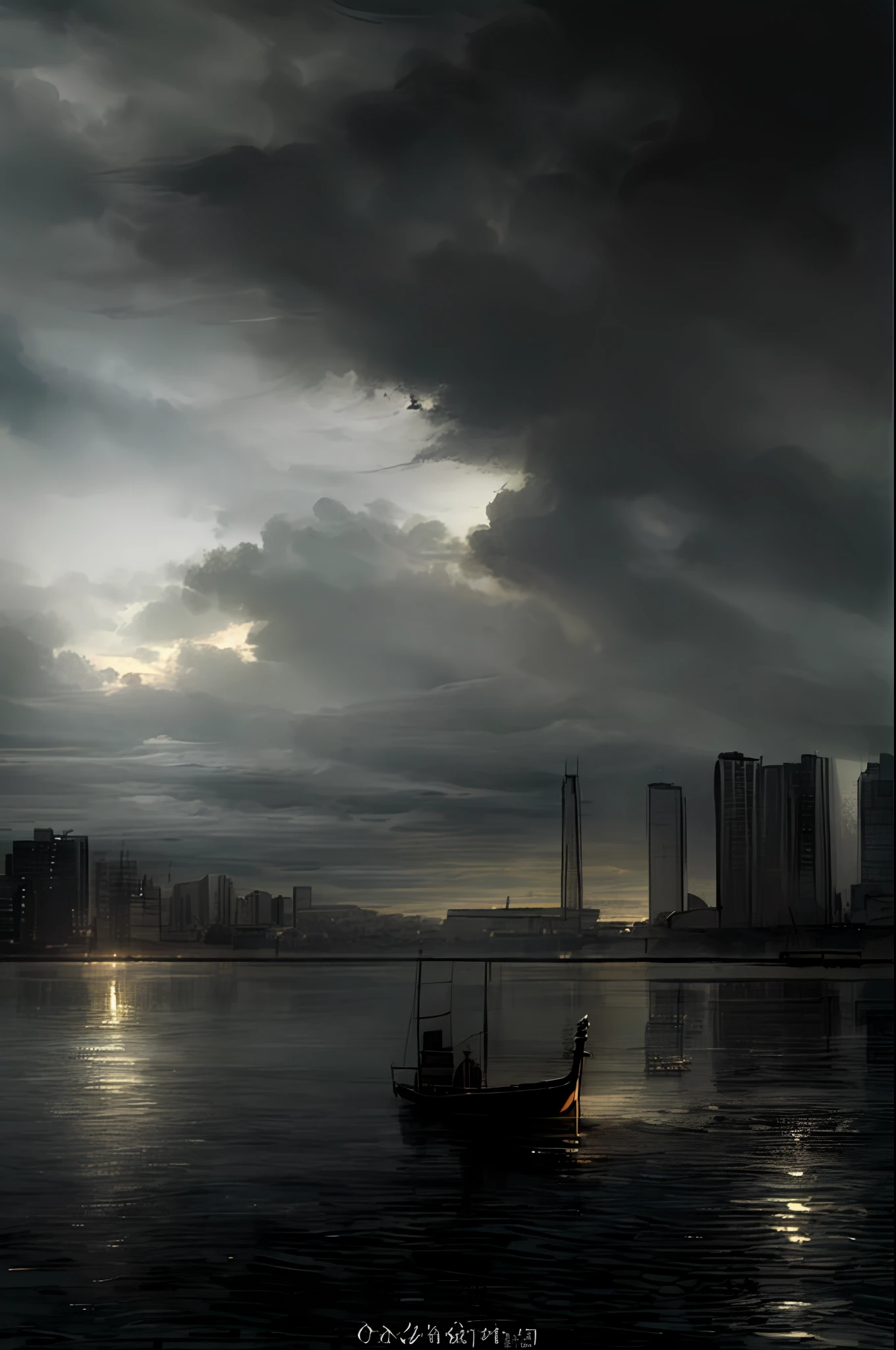masterpiece, high quality, highly detailed, there is a small boat floating in the water with a city in the background, serene overcast atmosphere, visible sky and humid atmosphere, under a gray foggy sky, gloomy foggy atmosphere, slight overcast weather