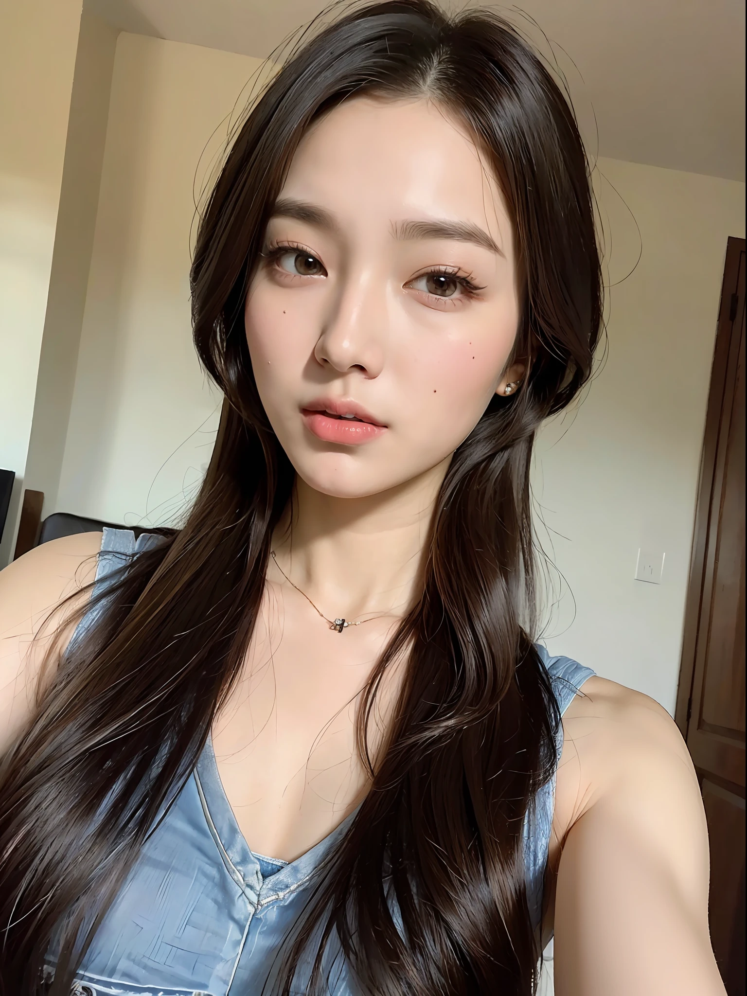 ((Top Quality, 8k, Masterpiece: 1.3)), 1 Girl, Beauty with Slender Abs: 1.3, (Hairstyle Medium Long, Big 1.2), Plain Clothes: 1.2, Ultra Detailed Face, Detailed Eyes, Double Eyelids, Living Room