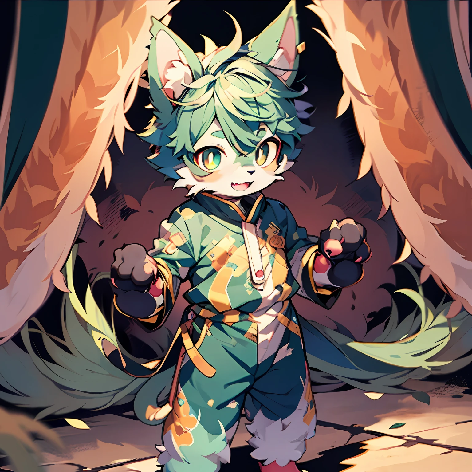 Furry cat Forelimb hands Hindlimb leg and foot standing Shota  Overall blue-green Head, arms, body and legs with gold pattern All over the body with pink flesh pads Eyes and pupils golden Furry No clothing Two ears Small ears Short hair
