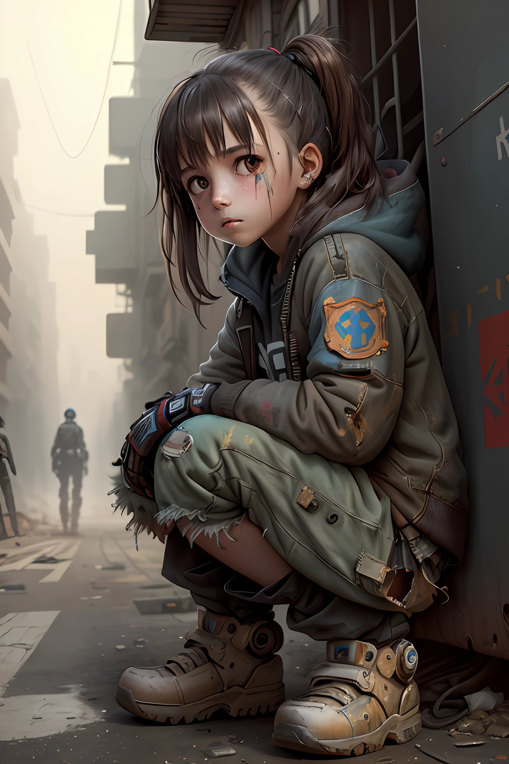A girl in very tattered mechanical clothes and poor, pitiful eyes, on the street, tattered shoes, dirty, a lot of dust, (behind her is a tattered robot: 1.2), scrapped and unable to move