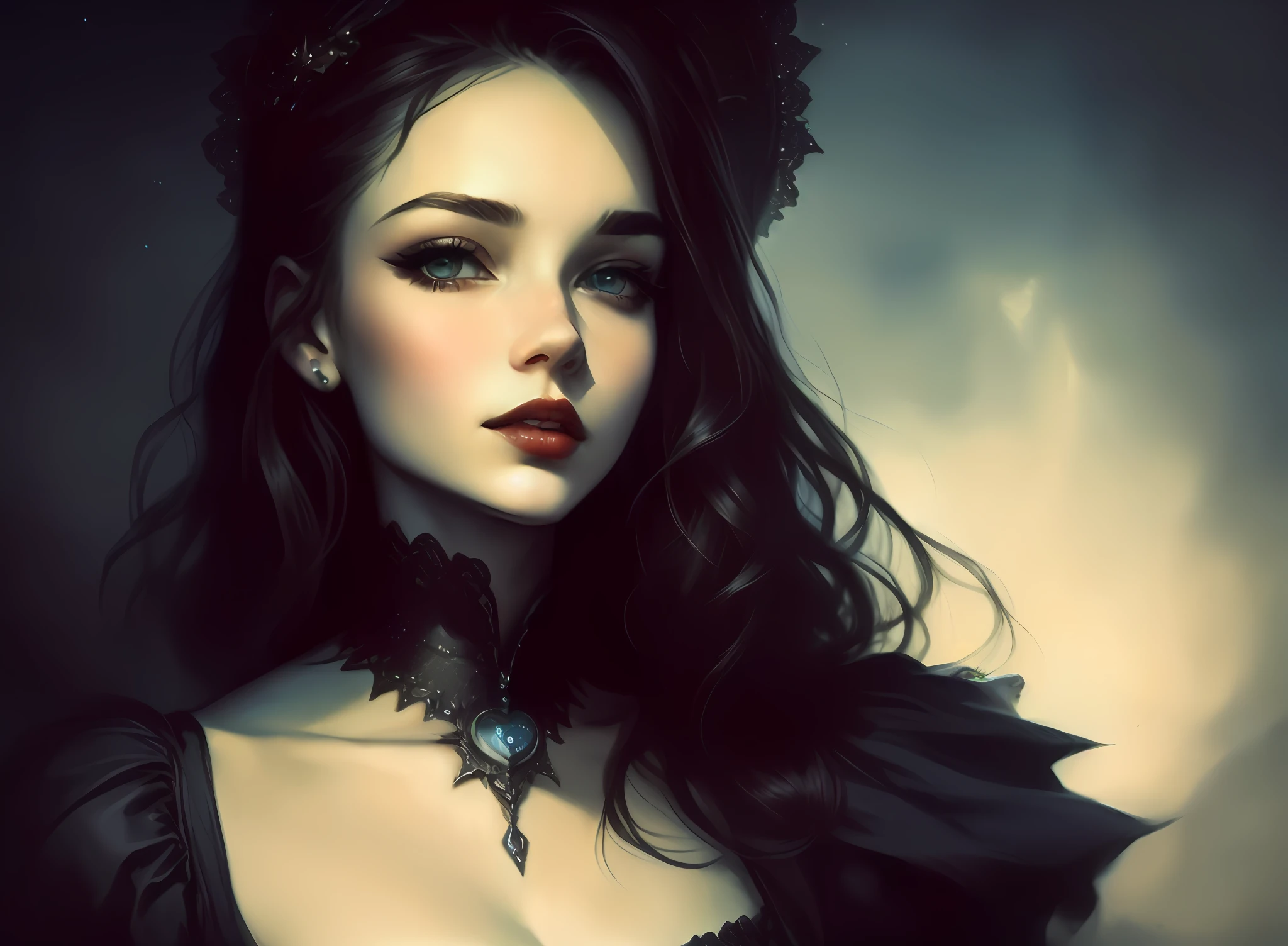 Front-facing, perfect proportions, full body, seductive pose, portrait, high resolution, highest quality, super high quality, super detail, ultra-realistic, photorealistic, close-up portrait of woman with chalk on neck, Tom Bagshaw art style, art style Tom Bagshaw, Charlie Bowater's style, Tom Bagshaw style, inspired by Tom Bagshaw, Dark Fantasy Portrait, Vampire Girl, Dark Fantasy Style Art, Tom Bagshaw Style, Gothic Girl Face, Charlie Bowater Style