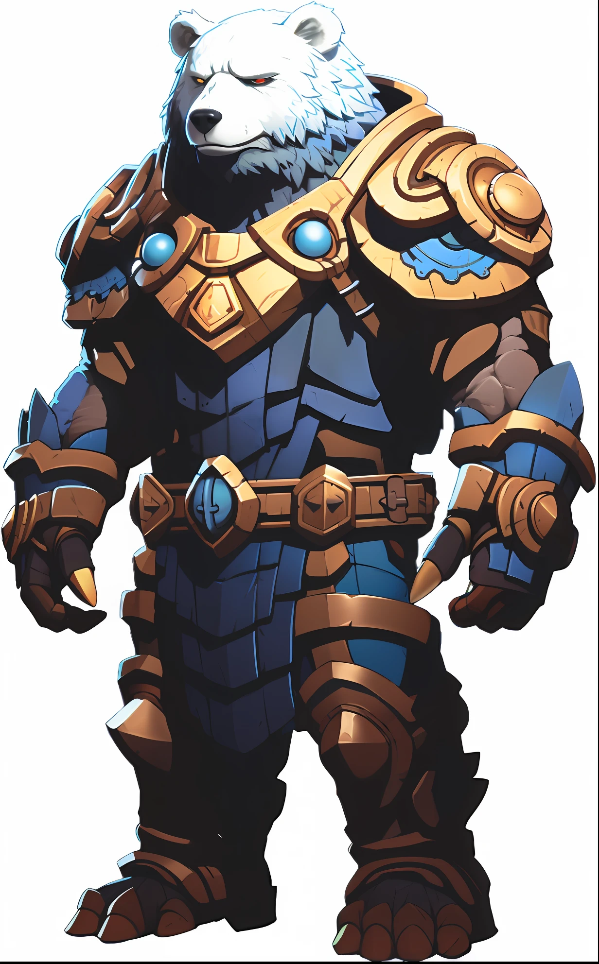 a close up of a cartoon bear in armor with a belt, blue armor, thick armor, bulky armor, epic paladin armor, render of heavy fantasy armor, in thick full bronze armour, bronze armor, paladin armor, battle chasers, heavy fantasy armor, heavy golden armour, hero character art, fractal armor, style of duelyst, water armor