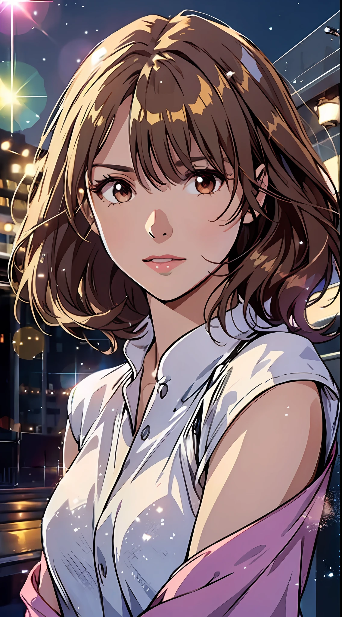 Top Quality, Photorealistic, 8K, High Resolution, 1 Girl, Female, (Skin Dent), (Medium Breast), (Professional Lighting, Bokeh), (Street), (People, Crowd: 0.6), Market, (Night: 1.2), (Dark Brown Hair: 2.0), (Blouse: 1.5), (Portrait: 0.6), Gorgeous, Bloom, (Floating Hair), (Light particles, Lens flare, Luminous particles: 0... 6), (Dynamic Pose: 1.2), Soft Lighting,