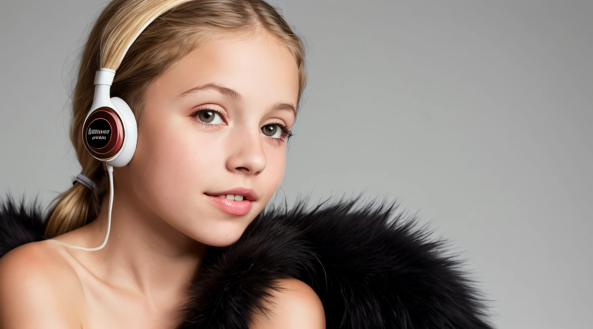 GIRL CHILD , RUSSIAN STYLE BLONDE HEADPHONES, BLACK FUR COAT, MESSY SHOULDER LENGTH BLONDE HAIR, RED BACKGROUND, BROWN EYES, HAPPY, CLEAN DETAILED FACES, INTRACATE CLOTHES, ANALOGOUS COLORS, BRIGHT SHADOWS, BEAUTIFUL GRADIENT, DEPTH OF FIELD, CLEAN IMAGE, HIGH QUALITY, HIGH DETAIL, HIGH DEFINITION, LUMINOUS STUDIO GRAPHICS ENGINE, BEAUTIFUL FACE