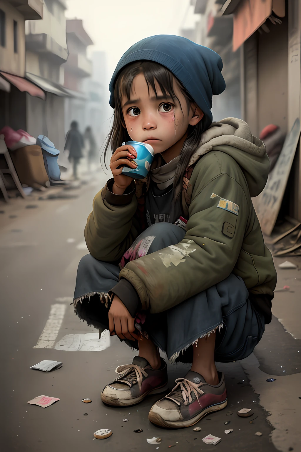 A young girl who drinks poverty in very tattered clothes, sells matches on a cold night, well, pitiful eyes, on the street, tattered shoes, dirty, a lot of dust,