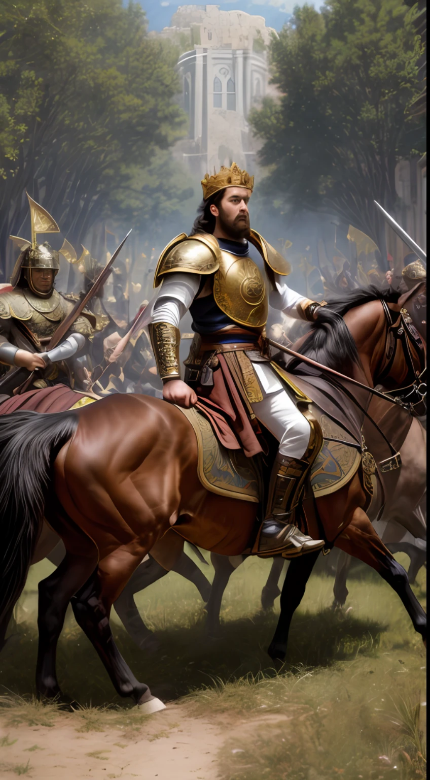 (masterpiece, 8K, UHD, photo-realistic:1.3), Visigoth King, adorned in regal armor, standing triumphantly, (ornate crown:1.2), fierce gaze, surrounded by his loyal Visigoth soldiers, (authentic 5th-century clothing and weaponry:1.2), on a battlefield strewn with fallen foes, detailed landscape, (inspired by the art of Gaston Bussiere and Alphonse Mucha:1.2), realistic style, rich color palette, dynamic composition, capturing the intensity of the moment, looking at viewer, mid-action.