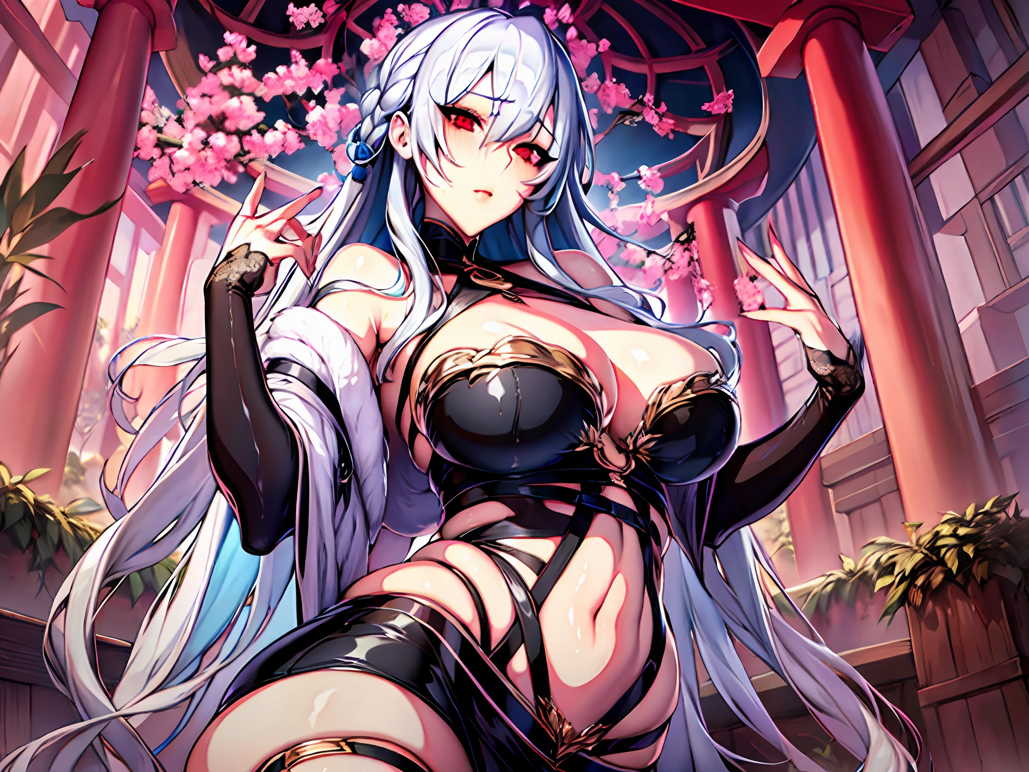 masterpiece, Best Quality, high_resolution, Fine Detail, Very Detailed and Beautiful, distinct_image, 1个女孩, Solo, ,Silver Hair,Front Facing, Red Eyes, (Huge), (),Miniskirt,ThighHigh, Curvaceous,Torii,Sakura