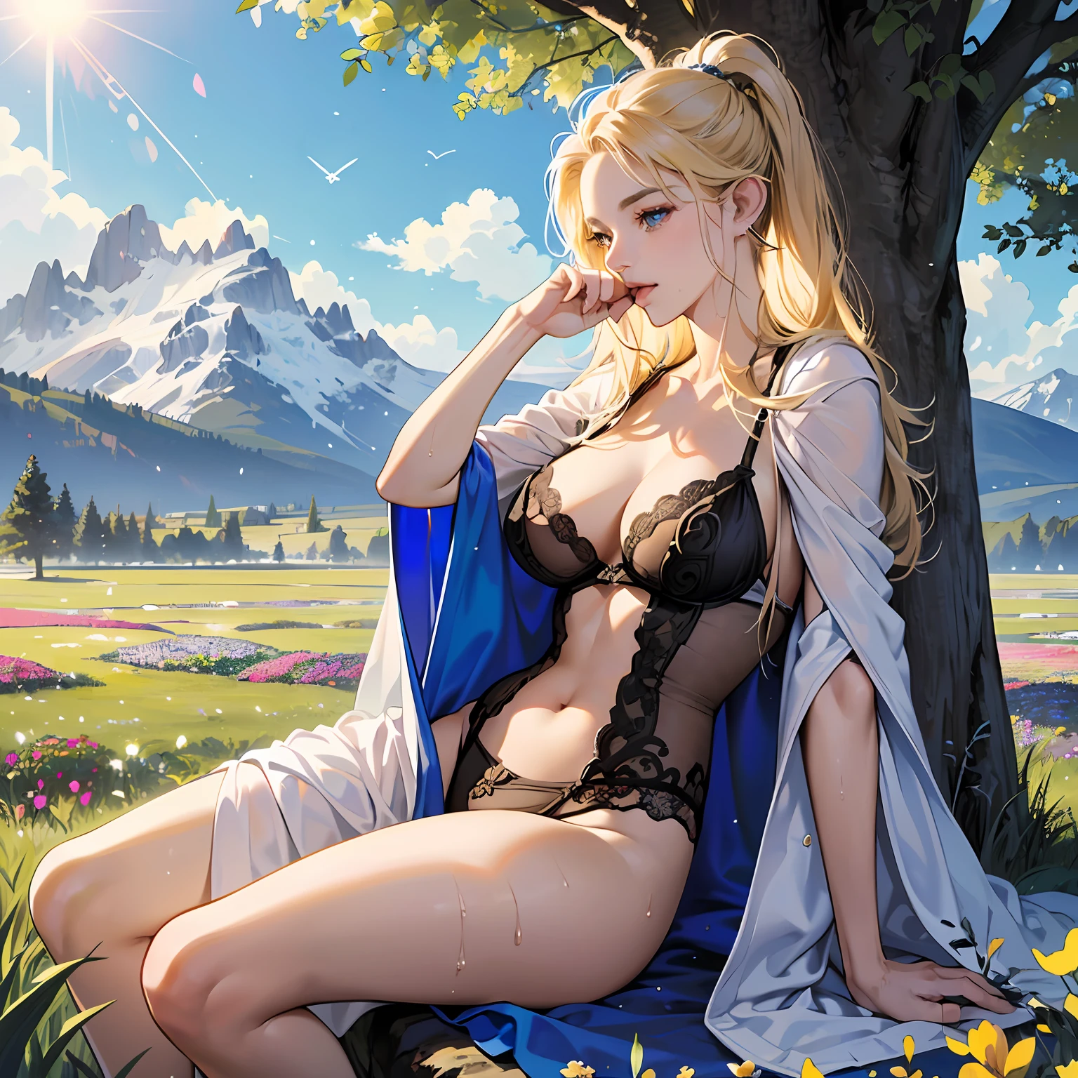 (Goblin with big chests, pointed ears, blue eyes, blonde hair flying) (biting mouth, sexy, sensual, beautiful, cute, (sitting on a torso with open legs), (open legs) (red lace lingerie), (wet body), white tulle cape, sunlight face, (((large tree of life on the right side)), colorful bird standing on the trunk, hyperdetailed, hyperrealistic photo, 4k, realistic, cosplay, snowy mountains in the background, Field with colorful flowers on the right, Celtic summer --auto