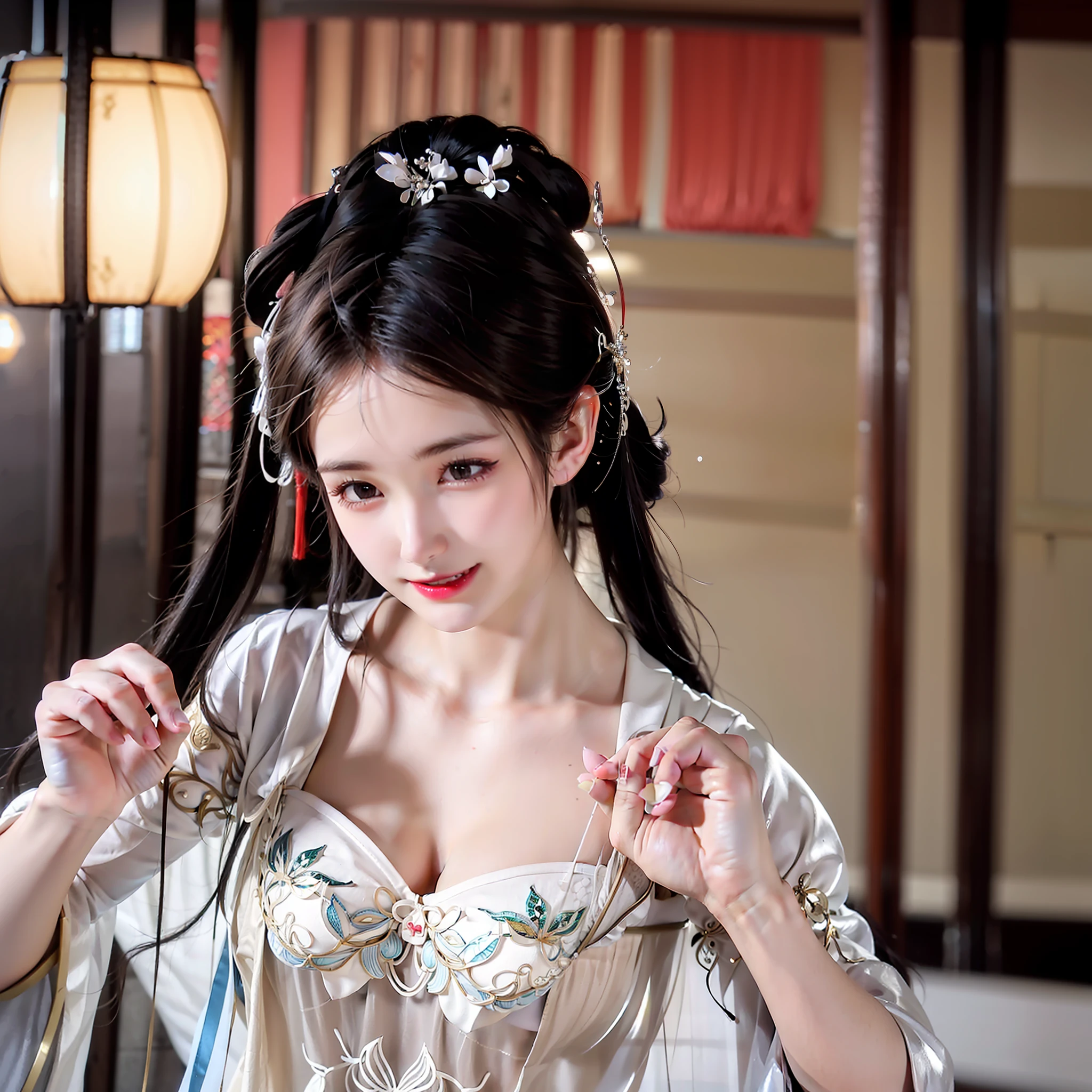 Best quality, masterpiece, high resolution, Chinese door opening, 1girl, large body, sexy extreme, light as gauze (see-through), large openwork see-through, beautiful and delicate face, (body of desire) Perfect slim body (nipple slip: 0.5), perfect snow white skin (night)