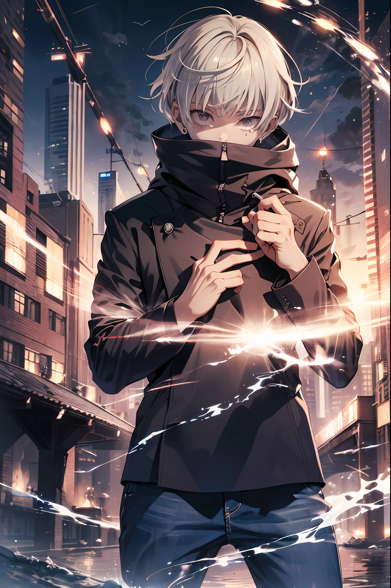 (absurdres, highres, ultra detailed, HDR), masterpiece, best quality, 1man, solo, handsome, short hair, inumaki toge, facial tattoo, white hair, black jacket, jeans, closed mouth, swirl, vortex