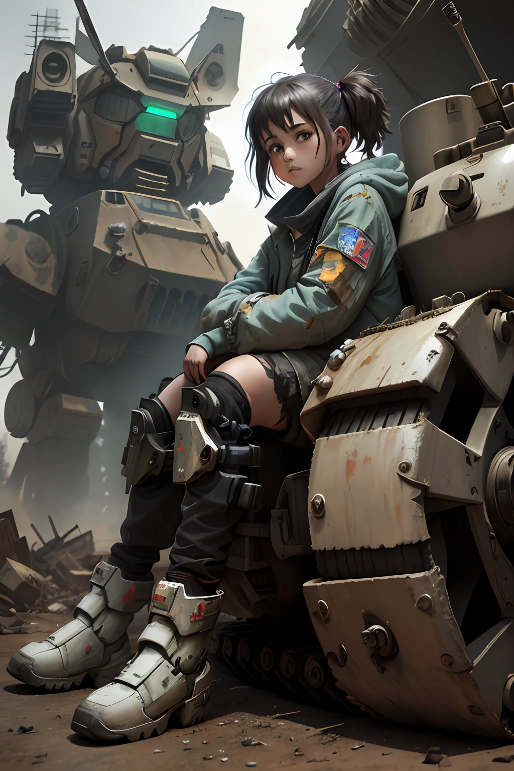 A girl in very tattered mechanical clothes and poor, a Cinderella, half of her body is mechanically modified, relying on electricity to move, pitiful eyes, looking into the camera, tattered shoes, dirty, a lot of dust, (behind her is a tattered huge Gundam robot and tattered tank: 1.2), in the battlefield ghetto, cyberpunk style