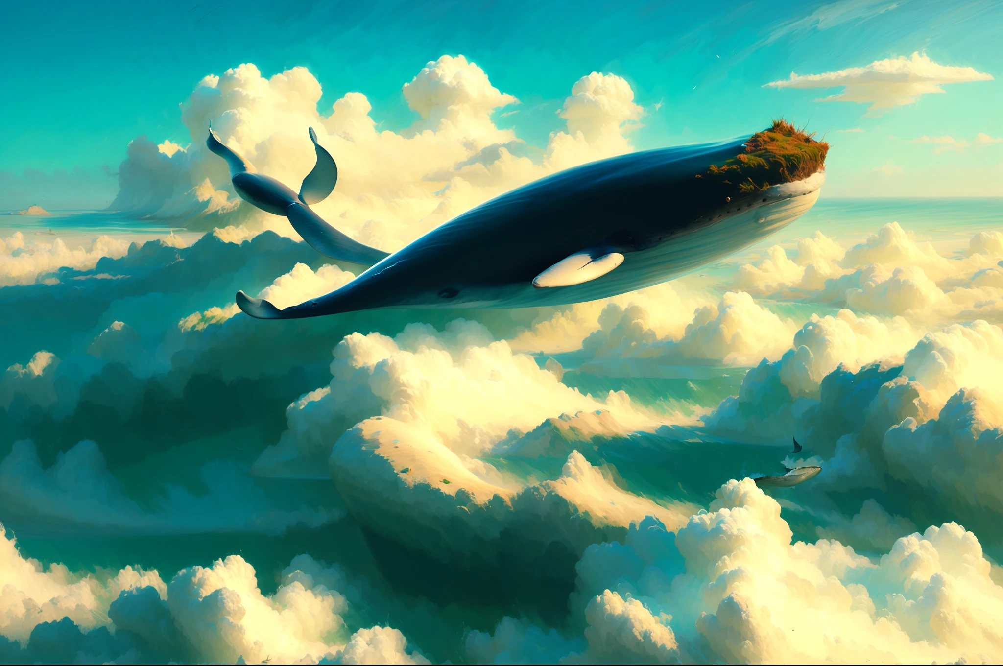 Whale flying in the sky, fantastic, splash aura, Art Nouveau, masterpiece, complimentary colors, symmetrical, detailed, in the style of Alphonse Mucha and Greg Rutkowski, matte painting, trending on artstation, 4k, perfectly defined features, digital painting, cinematic, epic, highly detailed