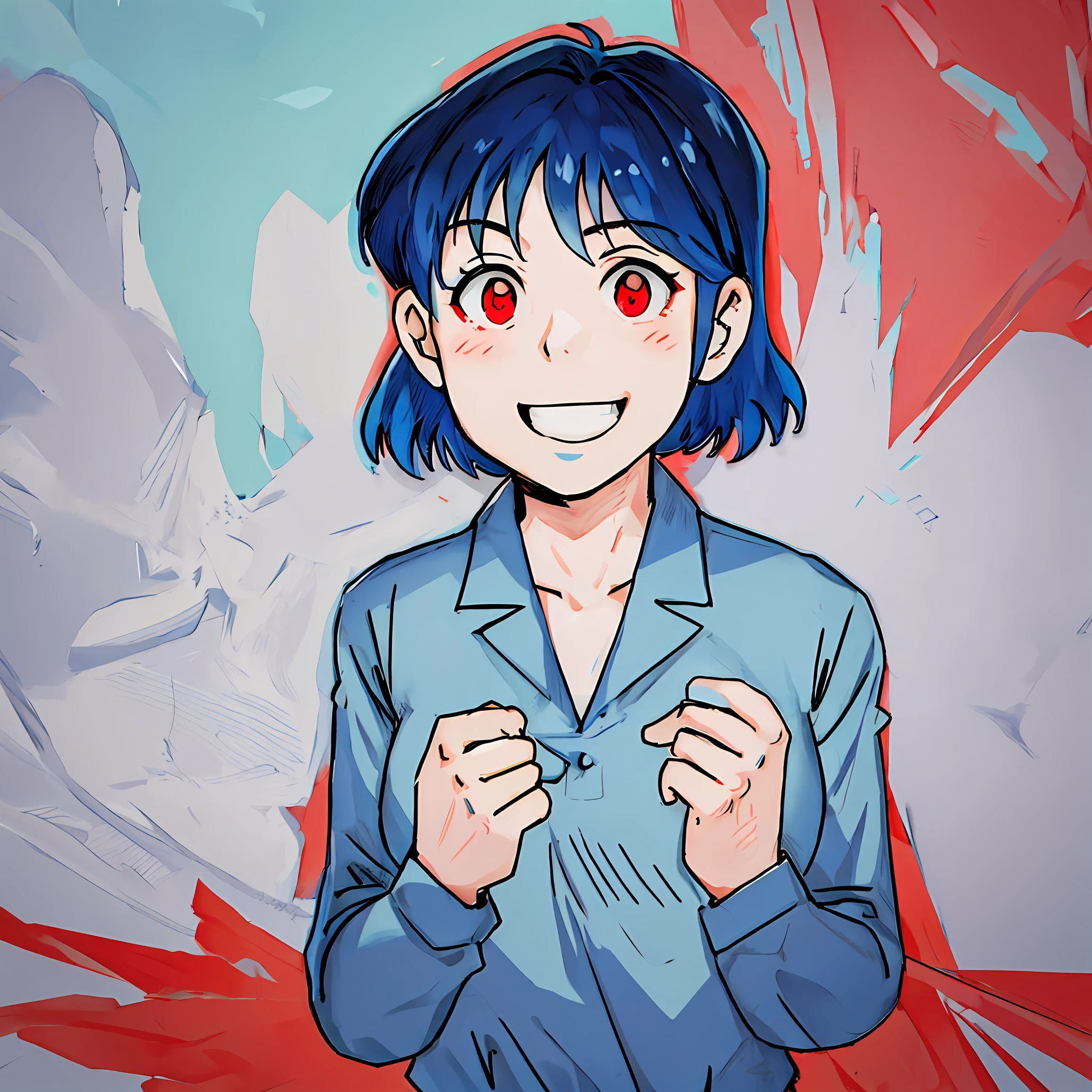 Perfect anime face, flat anime style shading, dark blue hair, smooth hair, red eyes, light blue shirt, hands in front of chest, smile