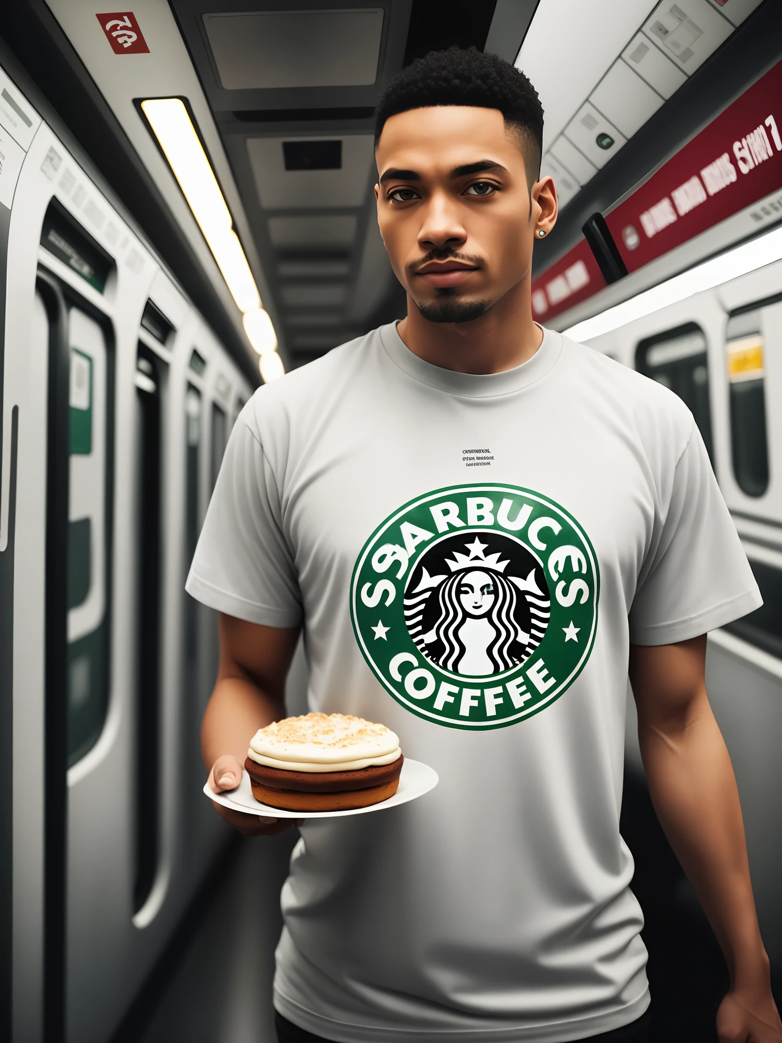 a man standing in a metro, holding a piece of cake and wearing tshirt of starbucks, (cyborg:1.1), ([tail | detailed wire]:1.3), (intricate details), hdr, (intricate details, hyperdetailed:1.2), cinematic shot, vignette, centered