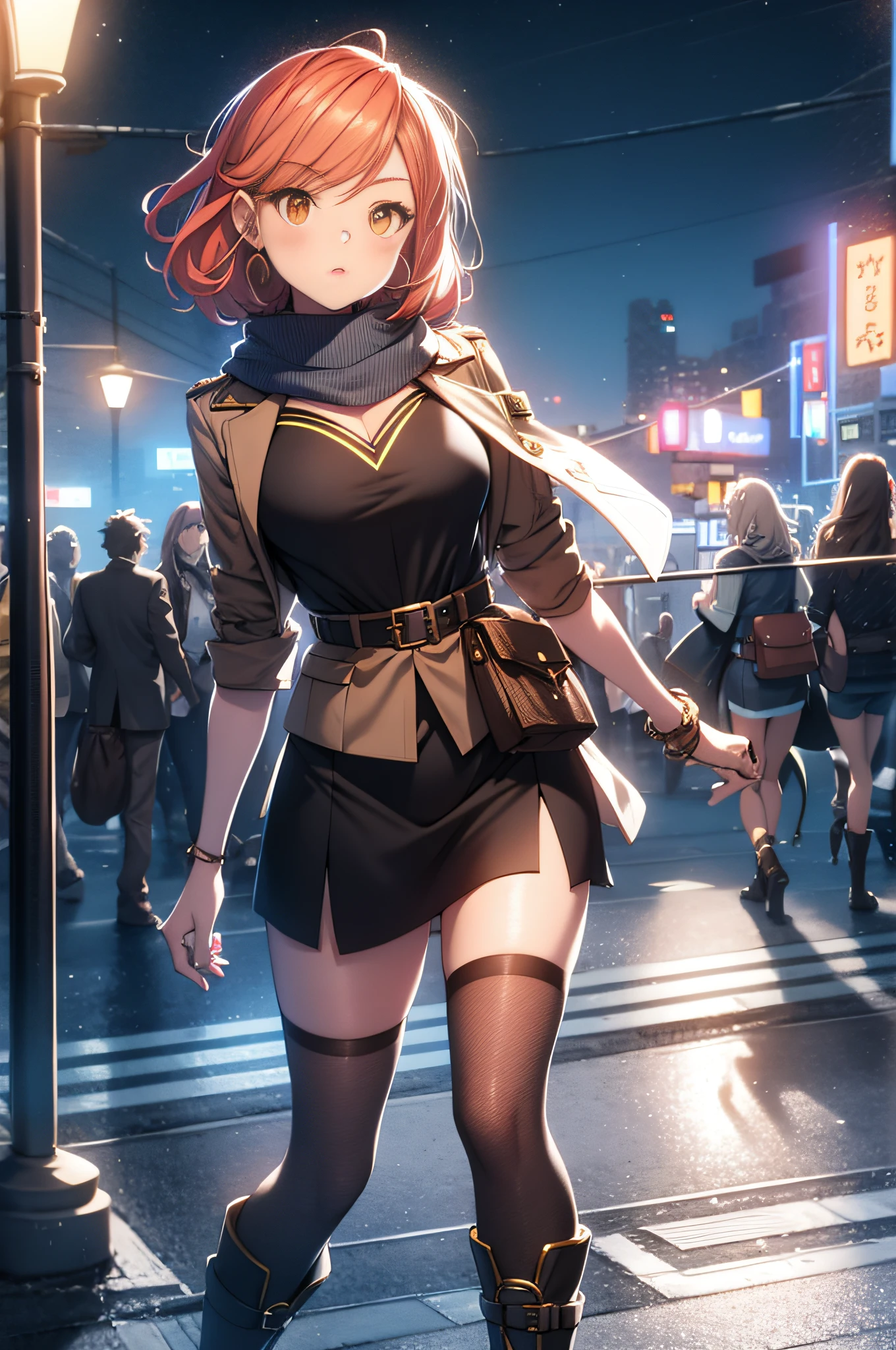 orange eyes light,richly faded light orange hair, anime 1girl, no skirt, brown military boots, pouch on the waist belt, khaki bikini, "black tights", "dark_orange knee pad on right leg",( night city:1.4), black long cloak, (good hand:1.5 ) good legs, (Good face: 1.5), 1girl, best hand, no worst hand. without clothes, in big city, khaki t-shirt, best face, very good face, best eyes, best anatomy,walk in the night Street