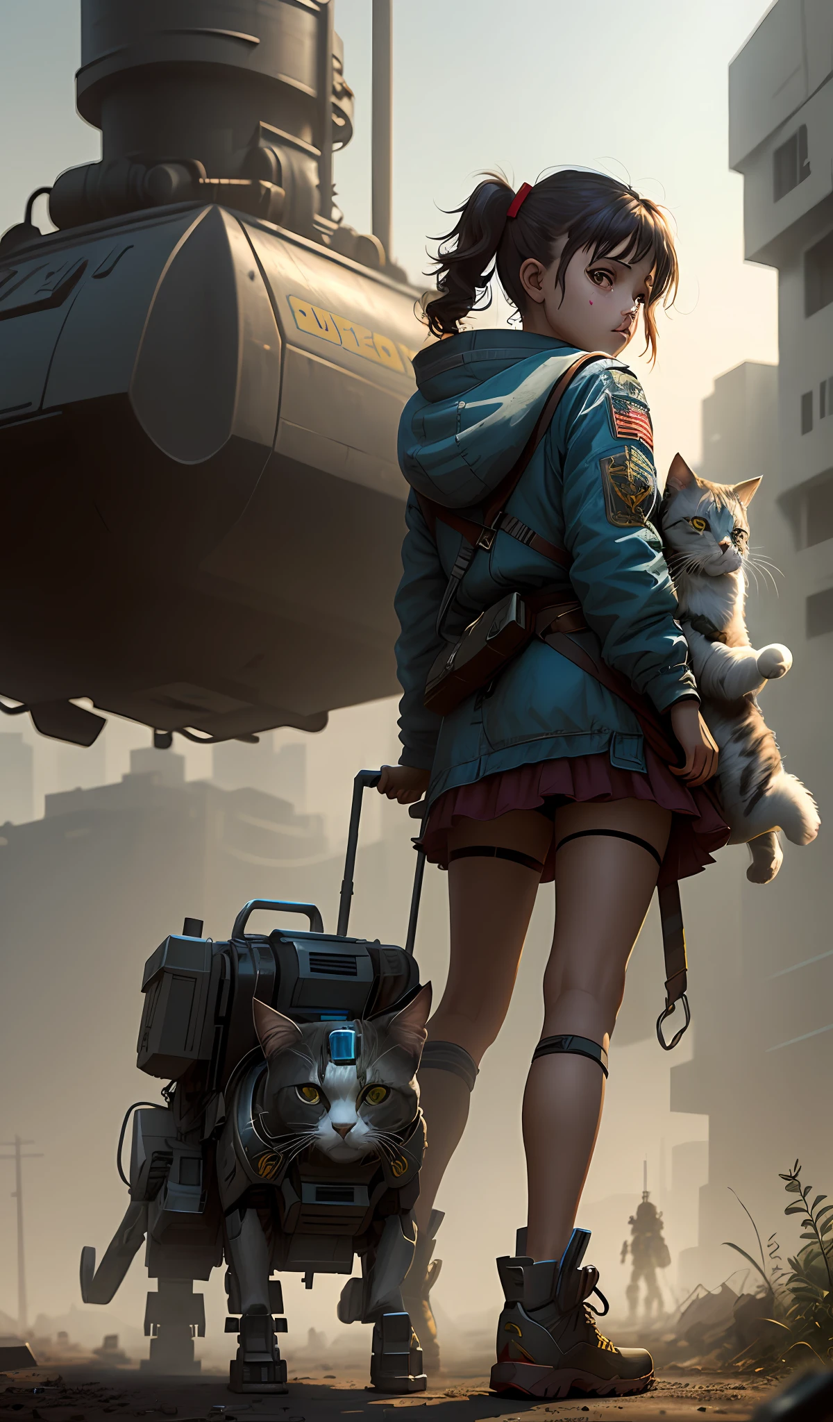A girl in very tattered mechanical clothes and poor, a Cinderella, alone, holding a cat in both hands, half of her body is mechanically modified, (carrying a life battery on the back to move on electricity: 1.2), poor eyes, looking at the camera, tattered shoes, dirty, a lot of dust, (behind her is a ragged giant Gundam robot: 1.2), in the battlefield ghetto, cyberpunk style