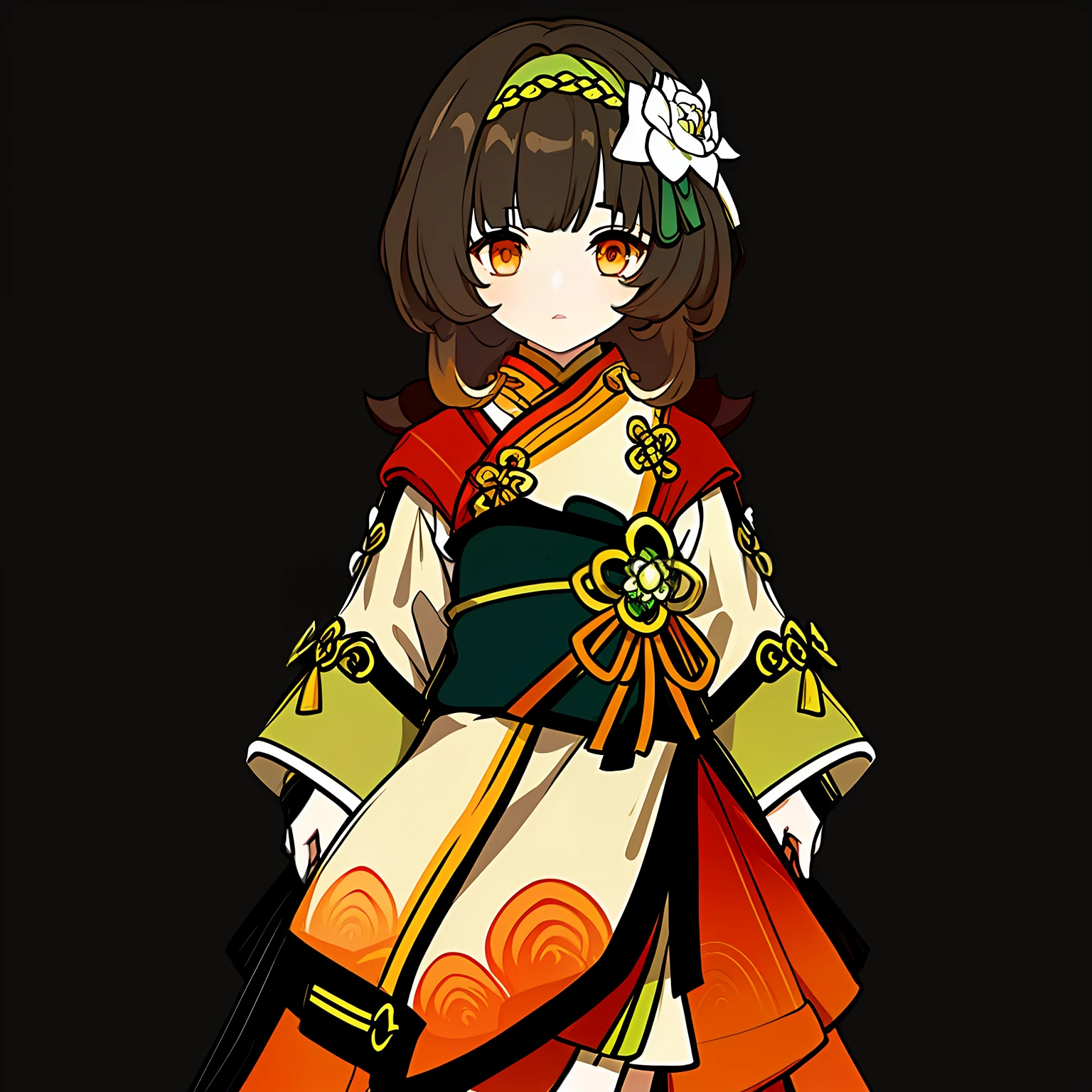 Genshin Avatar, (a girl with brown hair and orange eyes: 1.4), (((short hair))), hair between the eyes, ((white silk coat a little yellow and yellow-green))), there is a cartoon girl wearing a short dark green skirt, (a pink lotus flower on the right side of the forehead), pink flowers and green leaves stuck in her hair, full body adoptable, inspired by the master of Kanbun, non-binary god of spring, character adoptable, (light yellow ribbon tied around the waist), long and wide sleeves, Mihoyo art style, highly_detailed, portrait, (((masterpiece))), ((best quality))), (black_background:1.4), simple_background