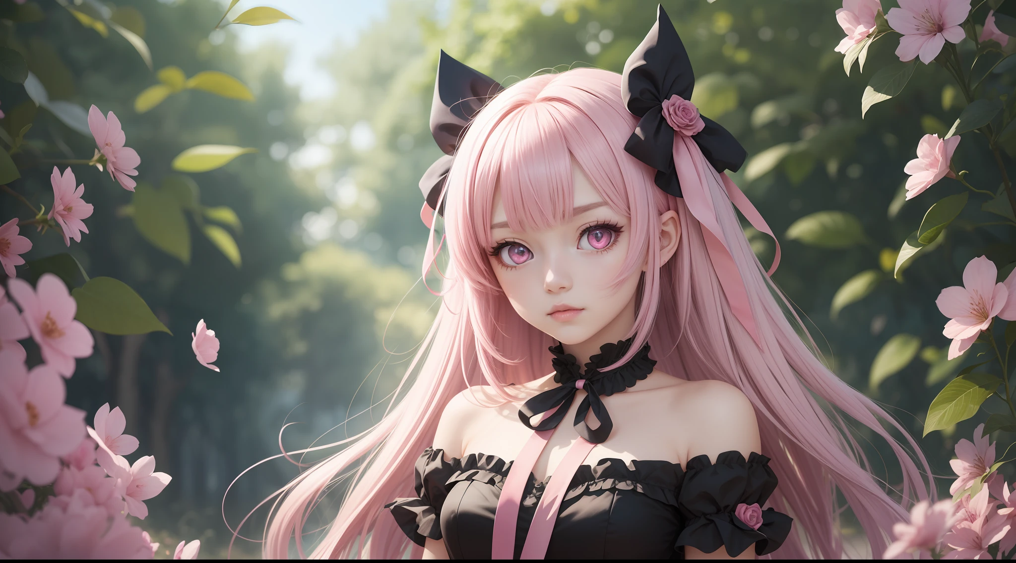 1 girl, solo, pink eyes, blue and pink hair, long hair, two side up, hair ribbon, hair ornament, dark princess dress, neck ribbon, standing, masterpiece, best quality, anime, highly detailed
