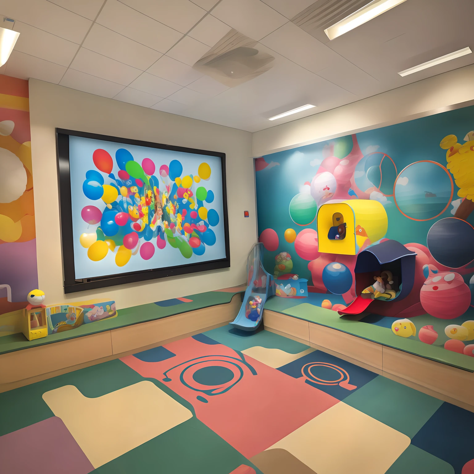 Hospital children's entertainment area, with cartoon wall painting in front and a small slide,